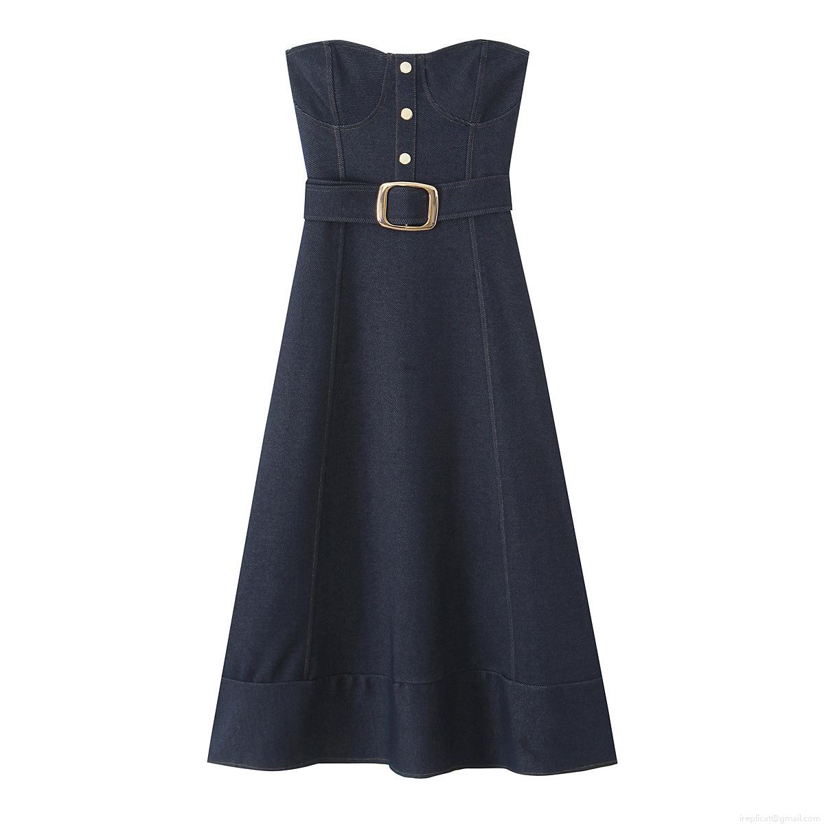 Women's Strapless Denim Midi Dress With Belt Sexy Backless A-Line Button Off Shoulder Clubwear Party Streetwear Dress Women's Strapless Denim Midi Dress With Belt Sexy Backless A-Line Button Off Shoulder Clubwear Party Streetwear Dress