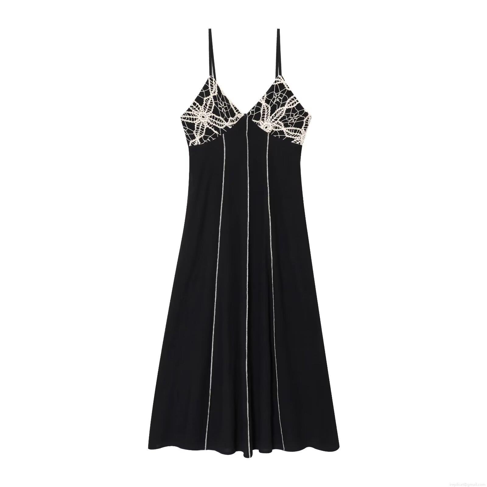 Women's Sexy V-Neck Camisole Midi Dress With White Crochet Lace Patchwork Elegant Contrast Stitching Sleeveless Black Slip Dress For Party Dating Vacation
