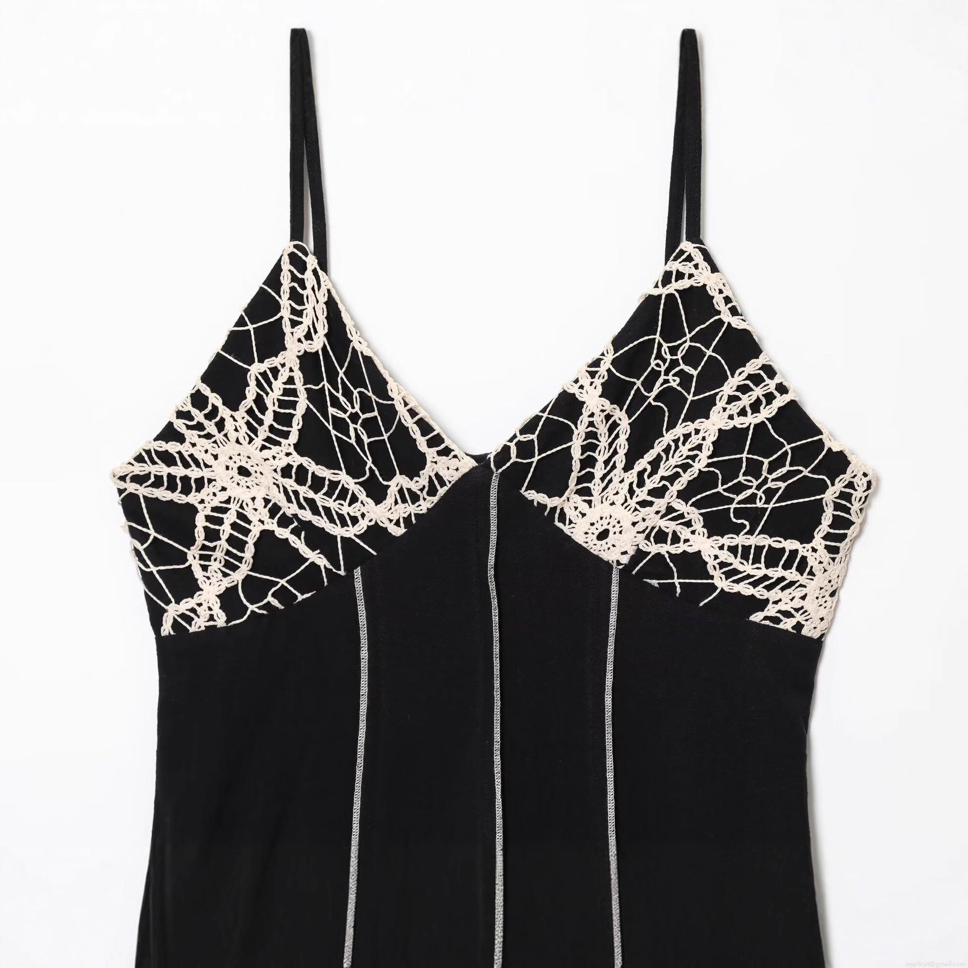 Women\'s Sexy V-Neck Camisole Midi Dress With White Crochet Lace Patchwork Elegant Contrast Stitching Sleeveless Black Slip Dress For Party Dating Vacation