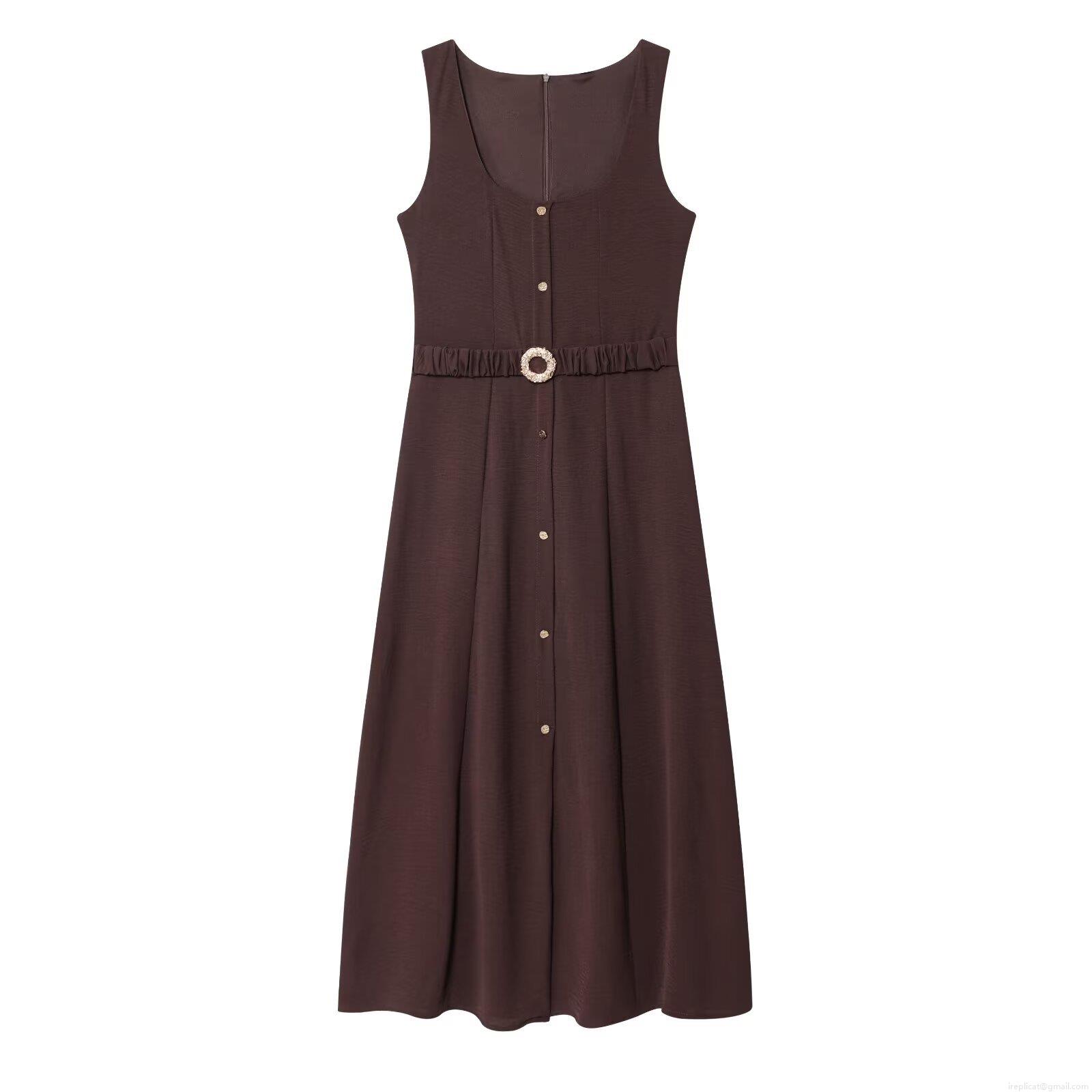 Women's European Style U-Neck Sleeveless Single-Breasted Midi Dress With Belt Solid Color Polyester A-Line Dress For Streetwear Party Autumn Coffee Brown Women's European Style U-Neck Sleeveless Single-Breasted Midi Dress With Belt Solid Color Polyester A-Line Dress For Streetwear Party Autumn Coffee Brown