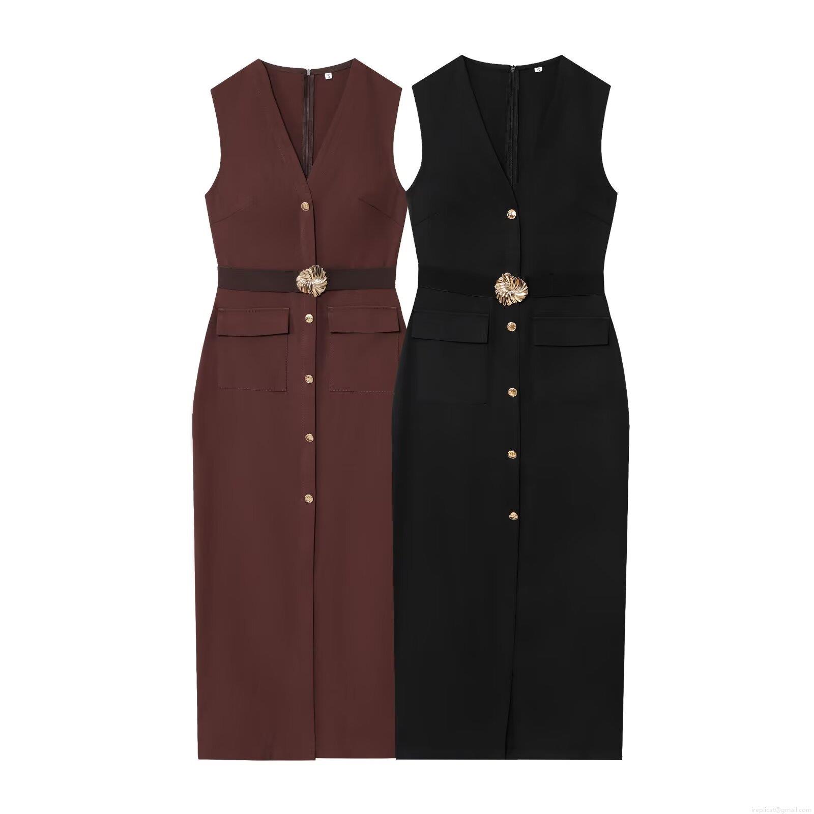Women's Sleeveless V-Neck Single Breasted Bodycon Midi Dress With Belt Polyester Slim Fit Vest Dress For Office Lady Autumn Streetwear Women's Sleeveless V-Neck Single Breasted Bodycon Midi Dress With Belt Polyester Slim Fit Vest Dress For Office Lady Autumn Streetwear