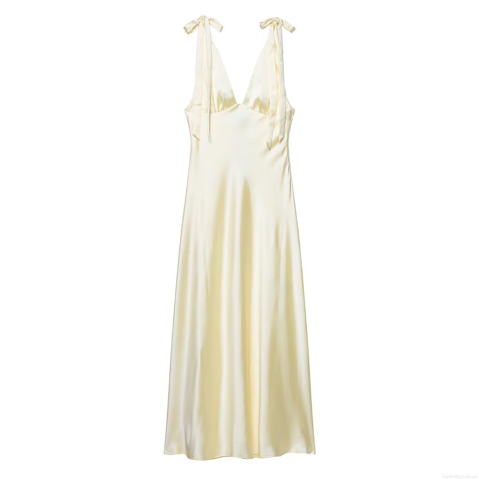 Women Elegant Satin V-Neck Midi Dress With Bow-Tie Shoulder Straps Solid Color Slim Fit Slip Dress For Party Wedding Dating Autumn Fashion