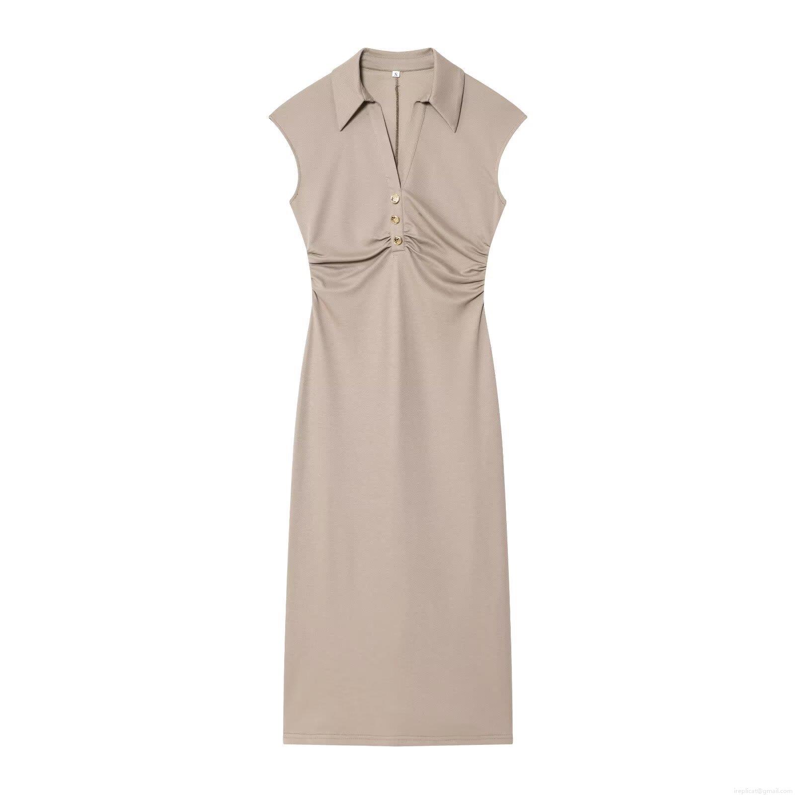 Women's Sleeveless Midi Dress V-neck Lapel Collar Ruching Pleated Gold Buttons Polyester Slim Fit Streetwear Casual Khaki Dress For Women Women's Sleeveless Midi Dress V-neck Lapel Collar Ruching Pleated Gold Buttons Polyester Slim Fit Streetwear Casual Khaki Dress For Women