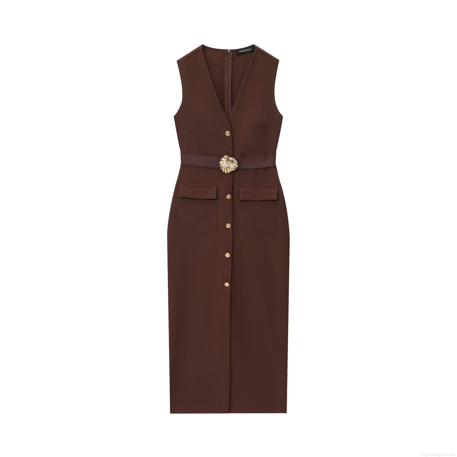 Elegant Women Sleeveless V-Neck Midi Dress with Belt Gold Flower Buckle Single Breasted Button Polyester Woven Bodycon Work Office Vest Dress Elegant Women Sleeveless V-Neck Midi Dress with Belt Gold Flower Buckle Single Breasted Button Polyester Woven Bodycon Work Office Vest Dress