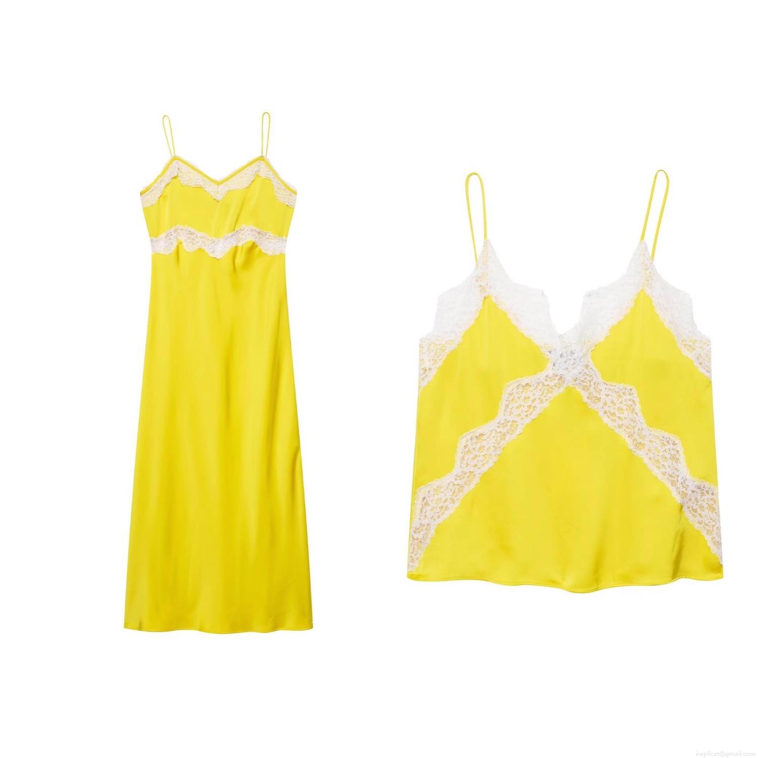 Women's Elegant Satin V Neck Cami Slip Dress And Tank Top Set Lemon Yellow Polyester White Lace Splicing Midi Dress For Party Vacation Streetwear Women's Elegant Satin V Neck Cami Slip Dress And Tank Top Set Lemon Yellow Polyester White Lace Splicing Midi Dress For Party Vacation Streetwear