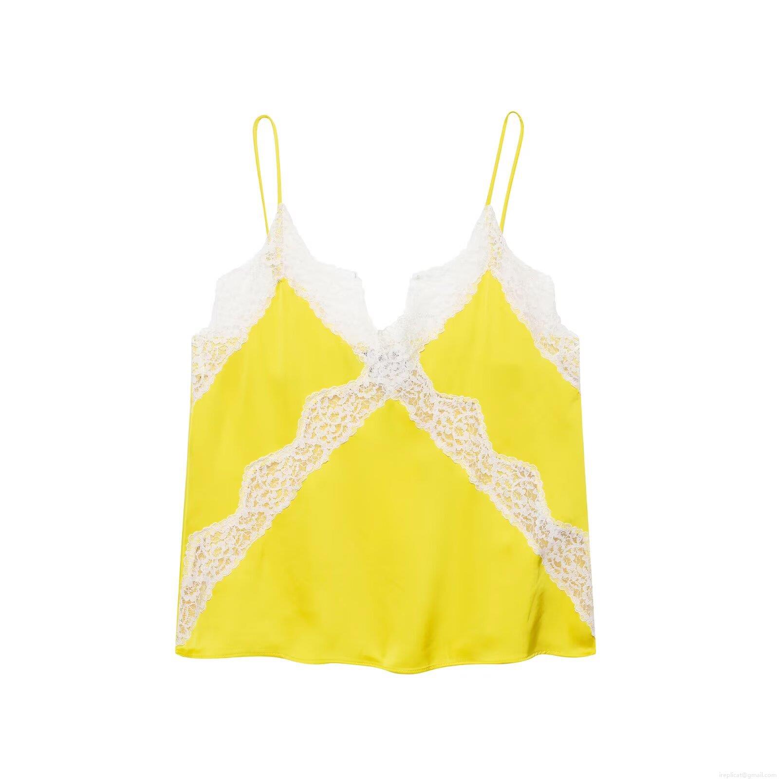 Women\'s Elegant Satin V Neck Cami Slip Dress And Tank Top Set Lemon Yellow Polyester White Lace Splicing Midi Dress For Party Vacation Streetwear