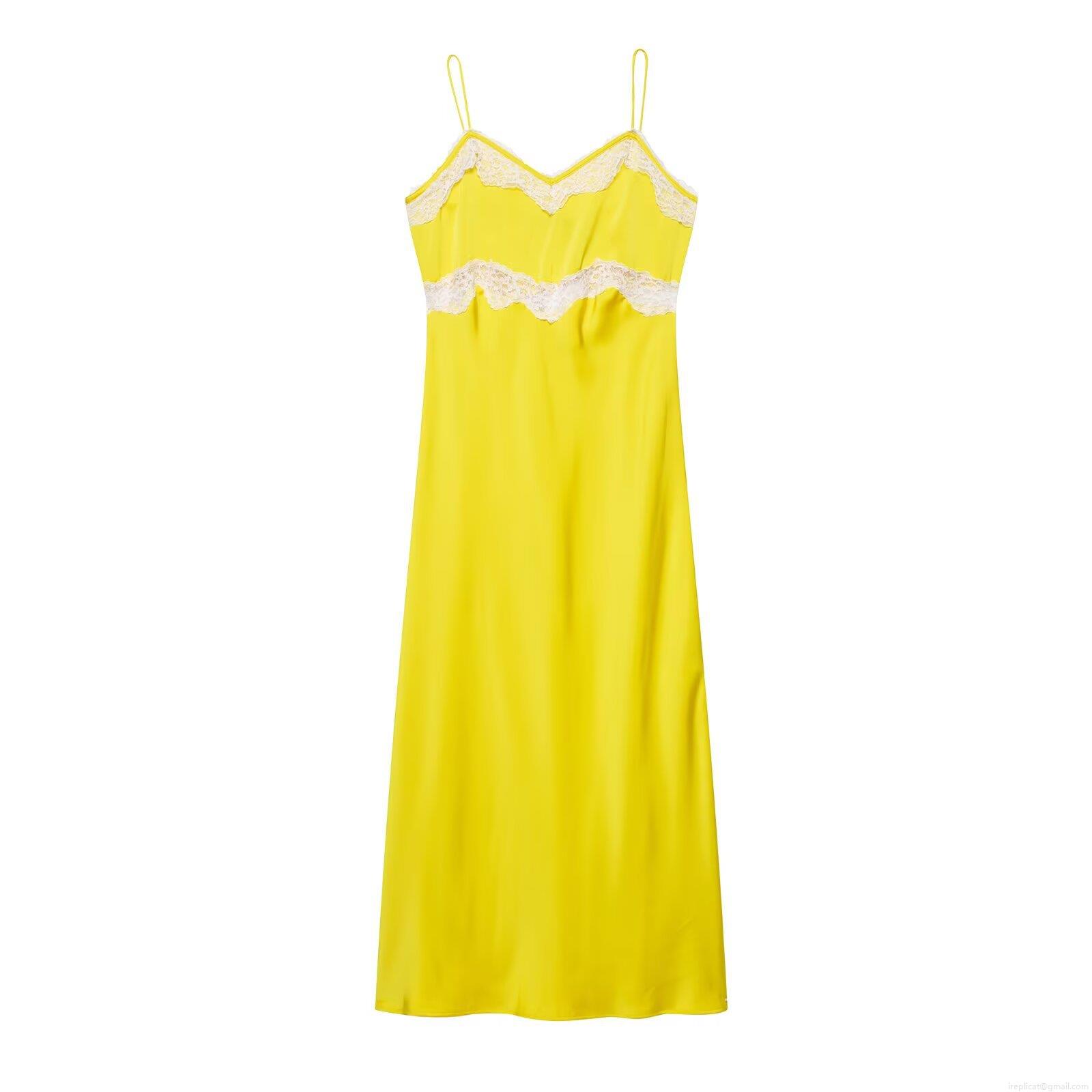Women\'s Elegant Satin V Neck Cami Slip Dress And Tank Top Set Lemon Yellow Polyester White Lace Splicing Midi Dress For Party Vacation Streetwear