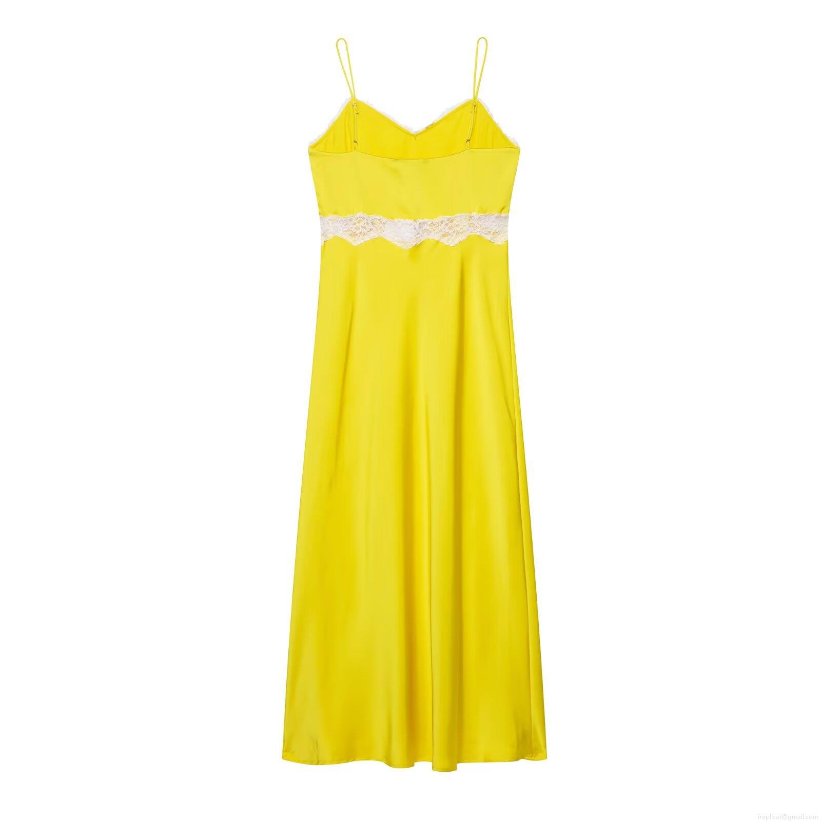 Women\'s Elegant Satin V Neck Cami Slip Dress And Tank Top Set Lemon Yellow Polyester White Lace Splicing Midi Dress For Party Vacation Streetwear