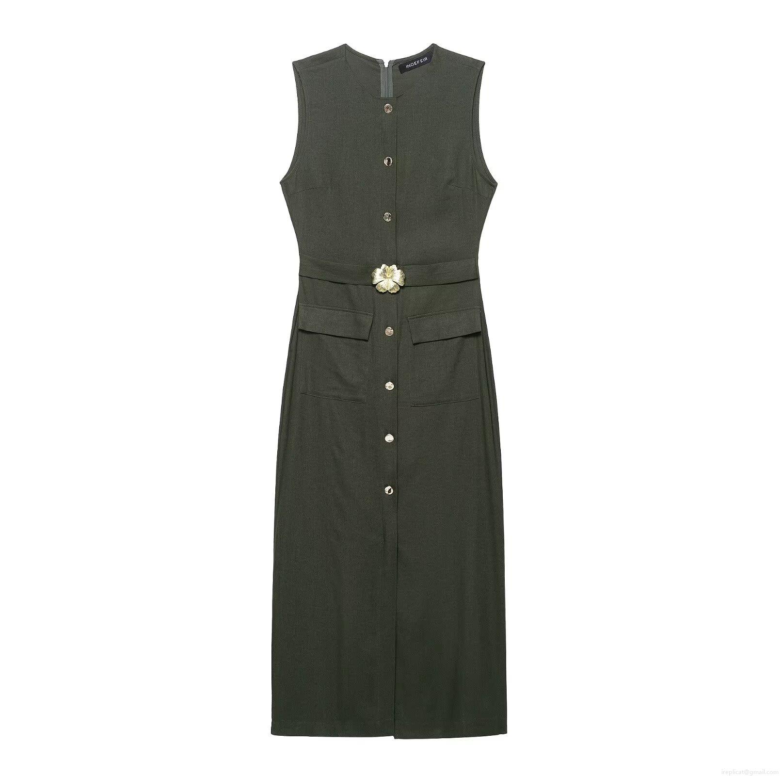 Women's Midi Dress European Sleeveless Round Neck With Golden Flower Belt Pockets Solid Color Polyester Blend Elegant Autumn Vest Dress For Women Women's Midi Dress European Sleeveless Round Neck With Golden Flower Belt Pockets Solid Color Polyester Blend Elegant Autumn Vest Dress For Women