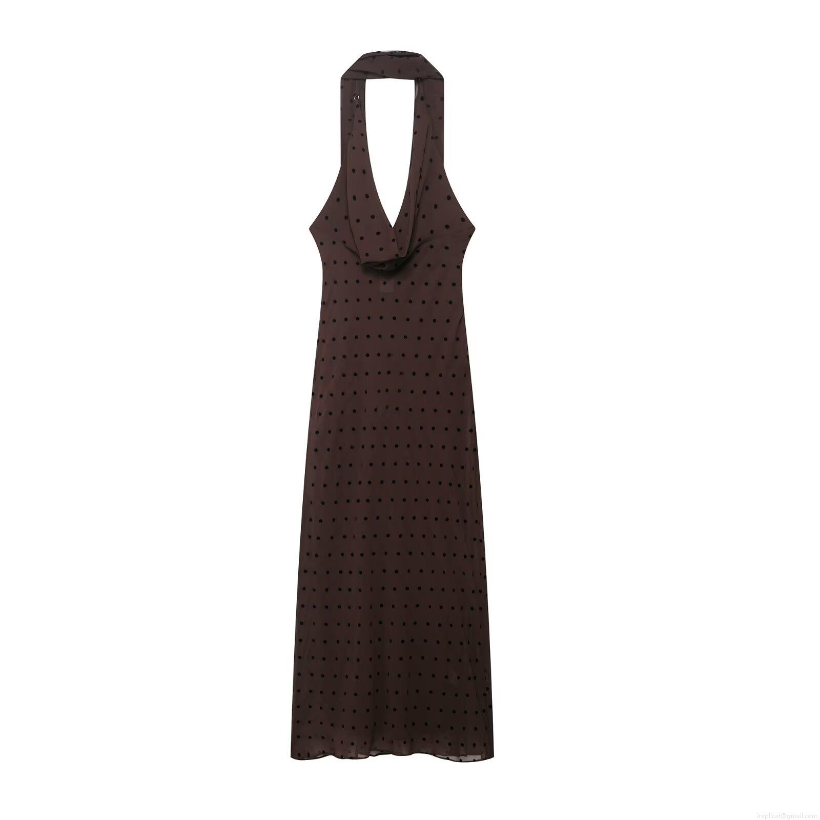 Women Halter Backless Polka Dot Dress French Vintage Sleeveless Scarf Collar Midi Dress Elegant Coffee Brown Polyester Party Sundress Streetwear Women Halter Backless Polka Dot Dress French Vintage Sleeveless Scarf Collar Midi Dress Elegant Coffee Brown Polyester Party Sundress Streetwear