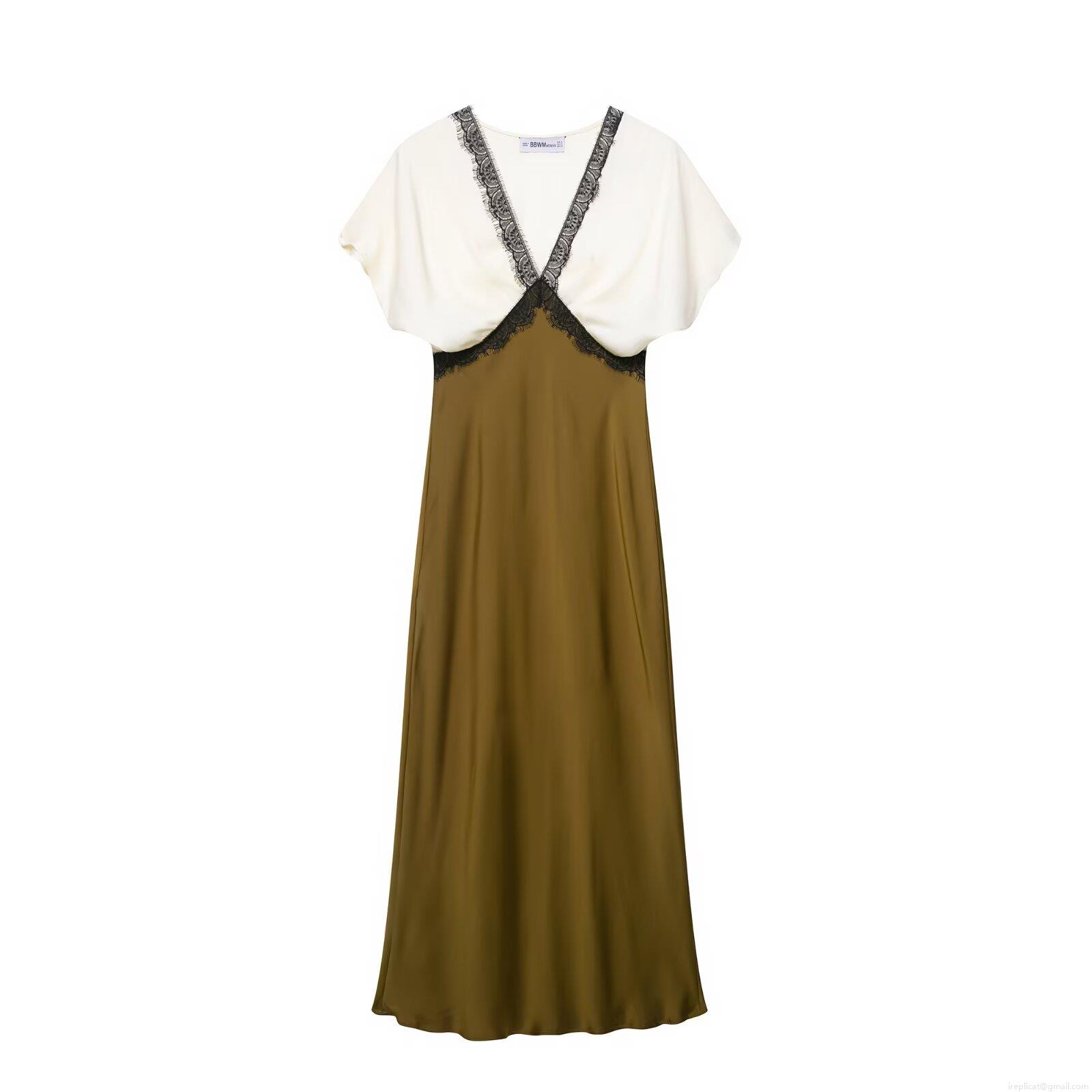 Women's Chic Colorblock Midi Dress Satin Texture V-Neck Black Lace Trimmed Short Sleeve A-Line Flowy Party Streetwear Olive Green White Elegant Fashion Dress Women's Chic Colorblock Midi Dress Satin Texture V-Neck Black Lace Trimmed Short Sleeve A-Line Flowy Party Streetwear Olive Green White Elegant Fashion Dress
