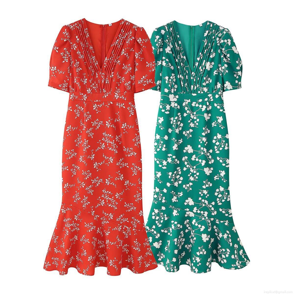 Women's French Floral Print V-Neck Fishtail Midi Dress Short Bubble Sleeve Slim Fit Elegant Summer Streetwear Party Dress Women Gown