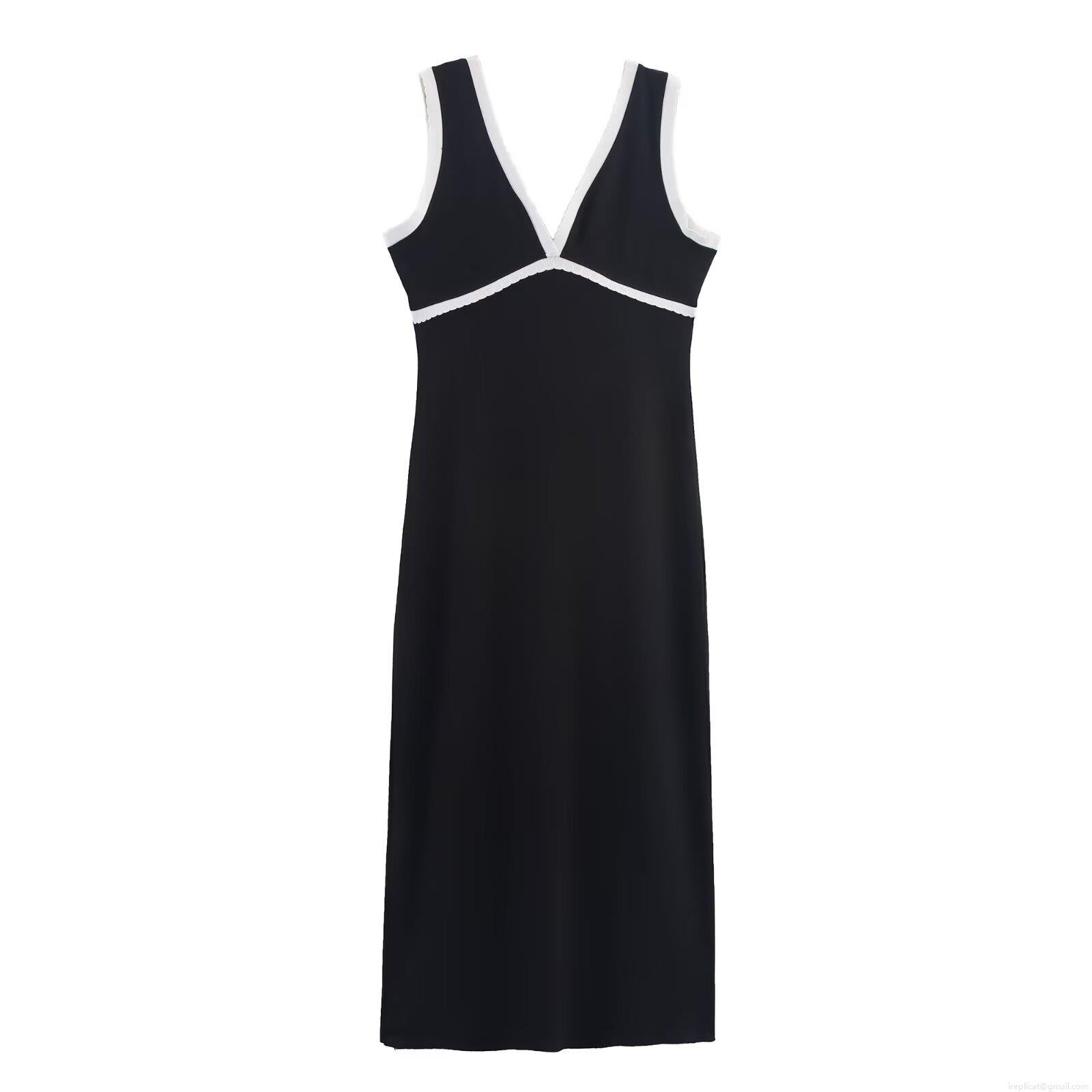 Women\'s Sexy V-Neck Sleeveless Midi Dress Contrast Trim Slim Fit Polyester Patchwork Camisole Dress For Party Casual Streetwear
