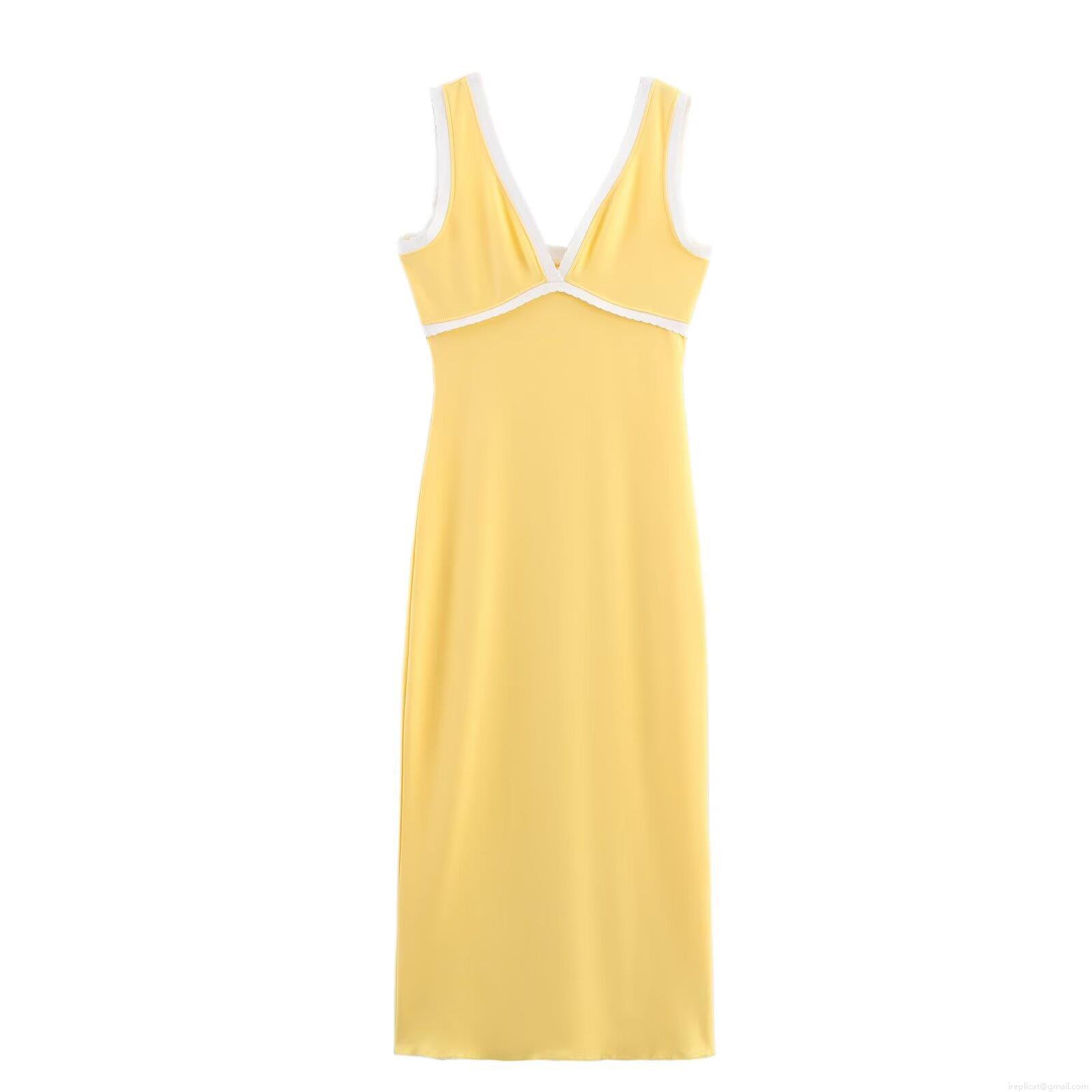 Women\'s Sexy V-Neck Sleeveless Midi Dress Contrast Trim Slim Fit Polyester Patchwork Camisole Dress For Party Casual Streetwear