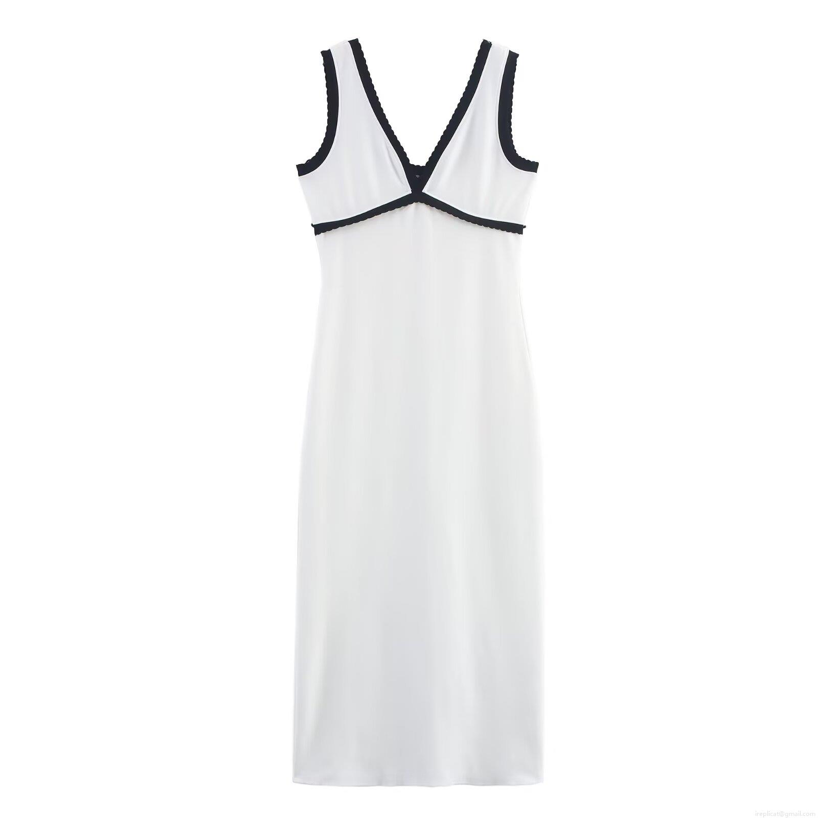 Women\'s Sexy V-Neck Sleeveless Midi Dress Contrast Trim Slim Fit Polyester Patchwork Camisole Dress For Party Casual Streetwear