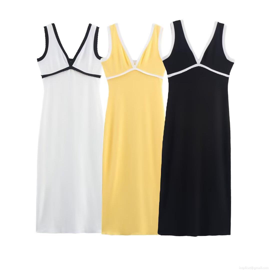Women\'s Sexy V-Neck Sleeveless Midi Dress Contrast Trim Slim Fit Polyester Patchwork Camisole Dress For Party Casual Streetwear