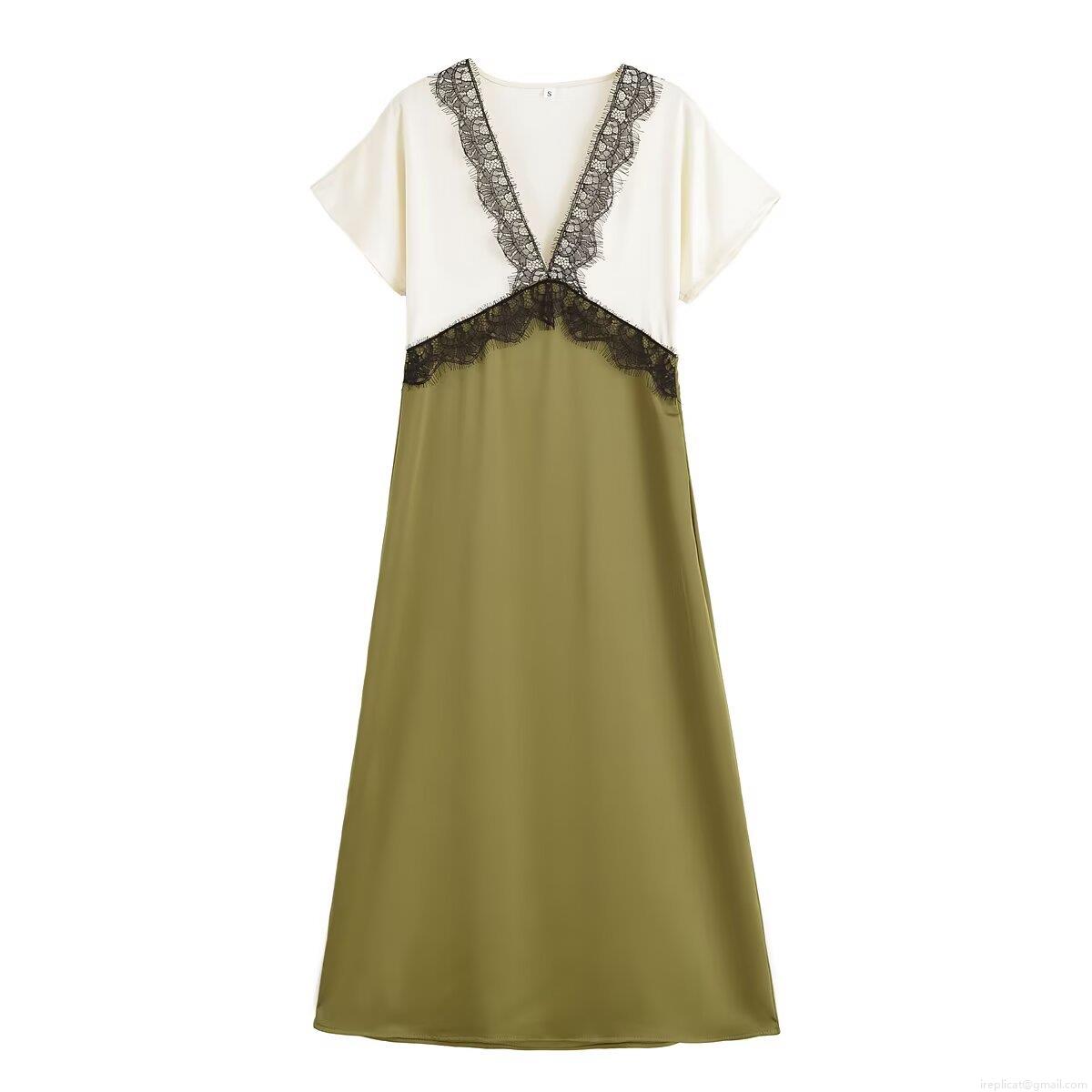 Women Elegant Color Block Satin Texture Midi Dress Black Lace Trim V-Neck Short Sleeve Patchwork Streetwear Party Dress For Women Women Elegant Color Block Satin Texture Midi Dress Black Lace Trim V-Neck Short Sleeve Patchwork Streetwear Party Dress For Women