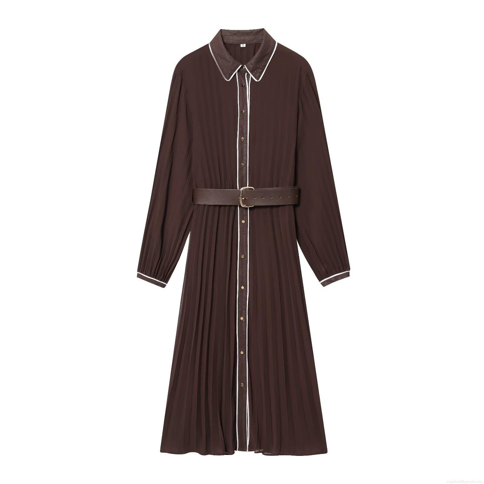 Women's Elegant Long Sleeve Pleated Midi Shirt Dress With Belt Polyester Contrast Trim Lapel Gold Buttons Autumn Solid Color Party Office Dress