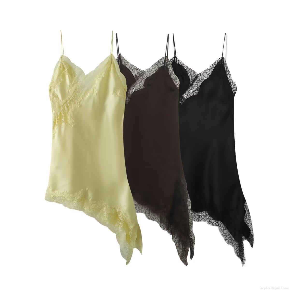 Women's Lace Patchwork Asymmetric Hem Satin Camisole Dress Sleeveless V-Neck Midi Slip Dress Streetwear Party Nightclub Vestido Women's Lace Patchwork Asymmetric Hem Satin Camisole Dress Sleeveless V-Neck Midi Slip Dress Streetwear Party Nightclub Vestido