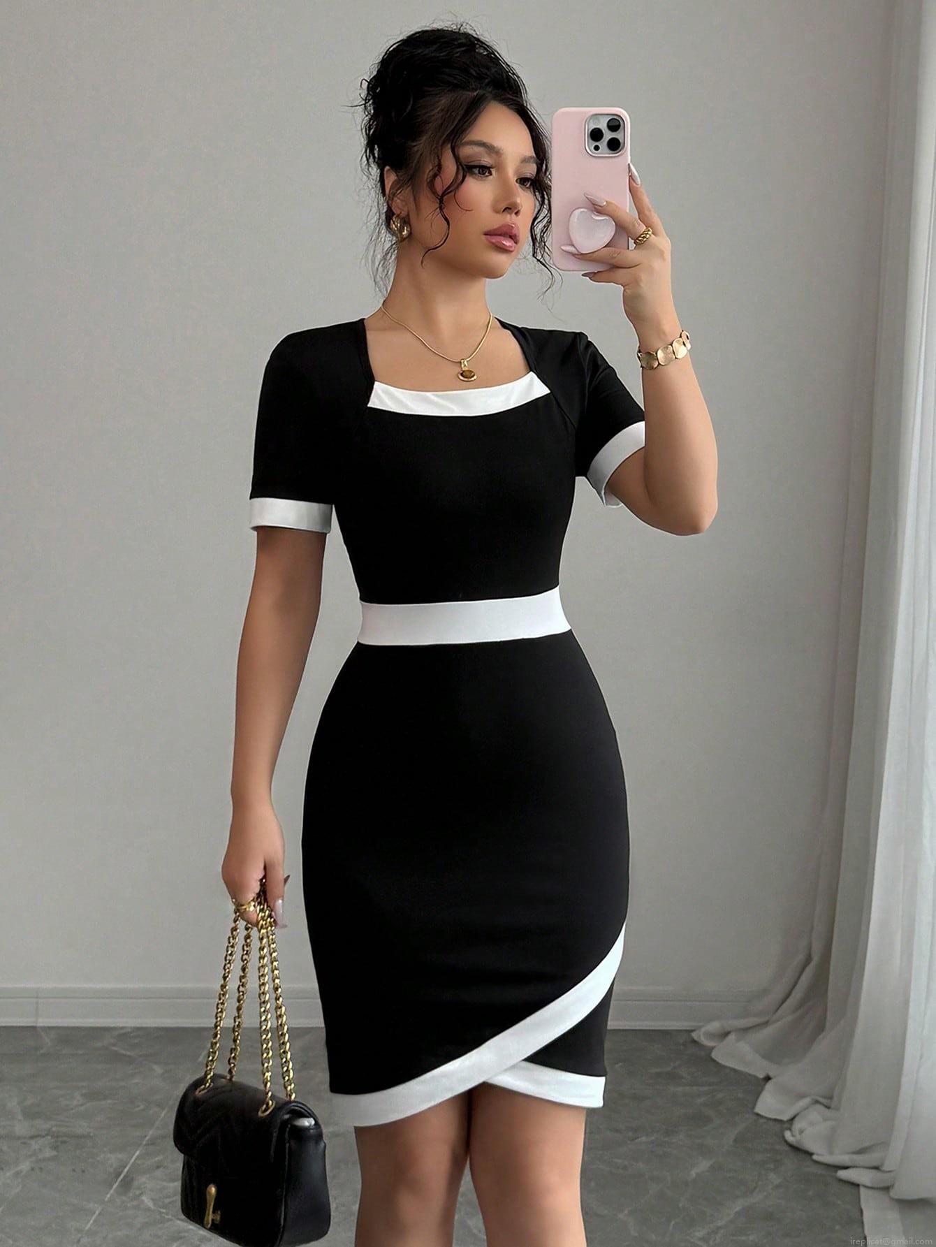 Women's Elegant Square Neck Short Sleeve Midi Dress Contrast Trim Colorblock High Waist Slim Fit Bodycon Knitting Dress For Office Party Women's Elegant Square Neck Short Sleeve Midi Dress Contrast Trim Colorblock High Waist Slim Fit Bodycon Knitting Dress For Office Party