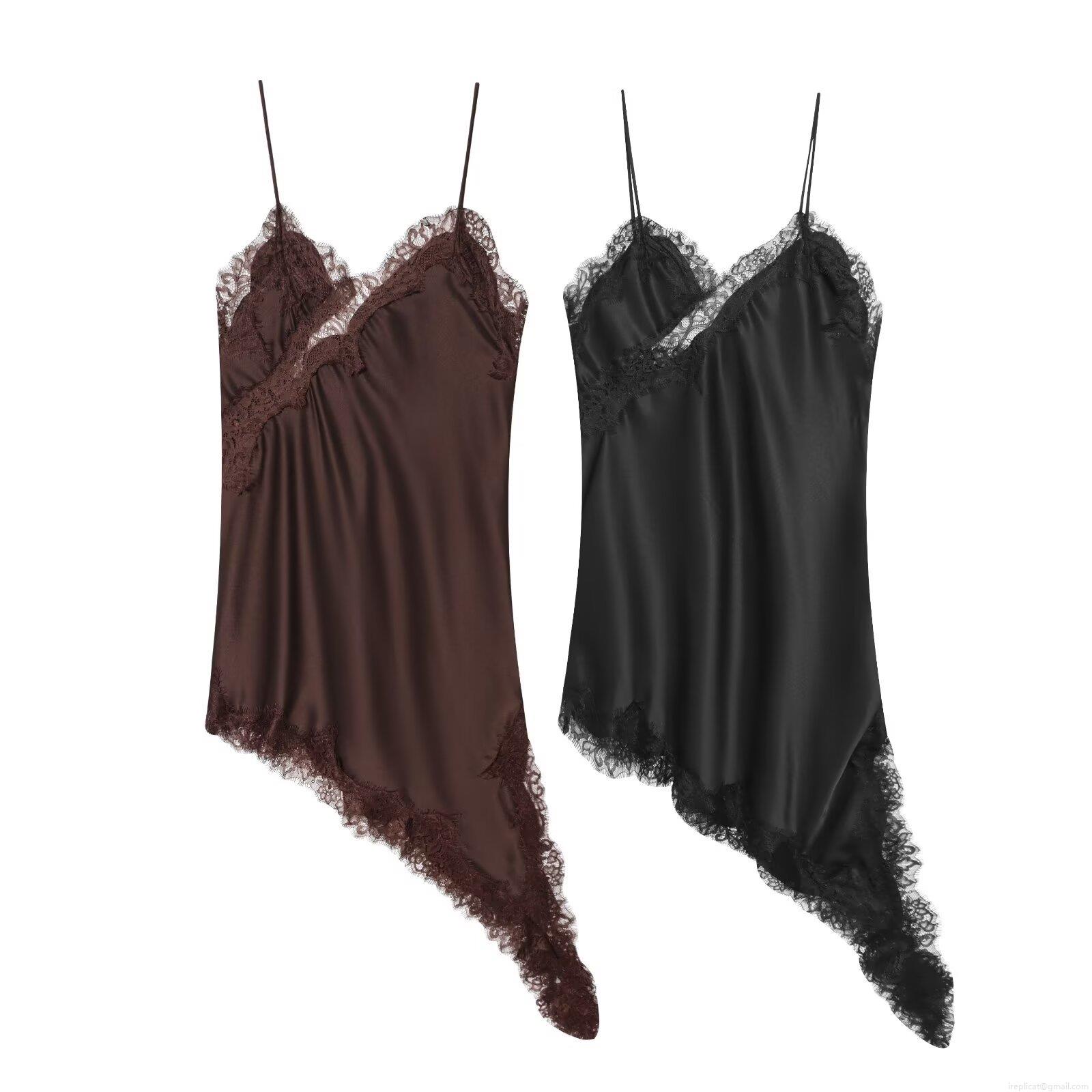 Women Sexy Lace Patchwork Satin Slip Dress Asymmetric Hem V-Neck Sleeveless Polyester Midi Dress Streetwear Party Nightgown Women Sexy Lace Patchwork Satin Slip Dress Asymmetric Hem V-Neck Sleeveless Polyester Midi Dress Streetwear Party Nightgown