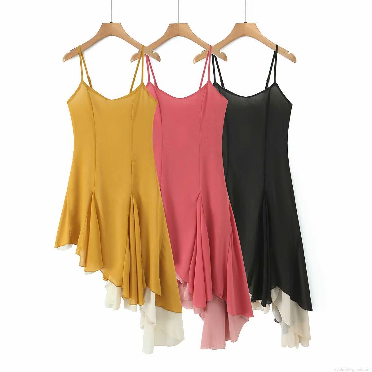 Women European Style 100% Polyester Chiffon Camisole Dress Sexy V Neck Ruffle Trim Irregular Hem Splicing Midi Dress For Party Vacation Streetwear Women European Style 100% Polyester Chiffon Camisole Dress Sexy V Neck Ruffle Trim Irregular Hem Splicing Midi Dress For Party Vacation Streetwear