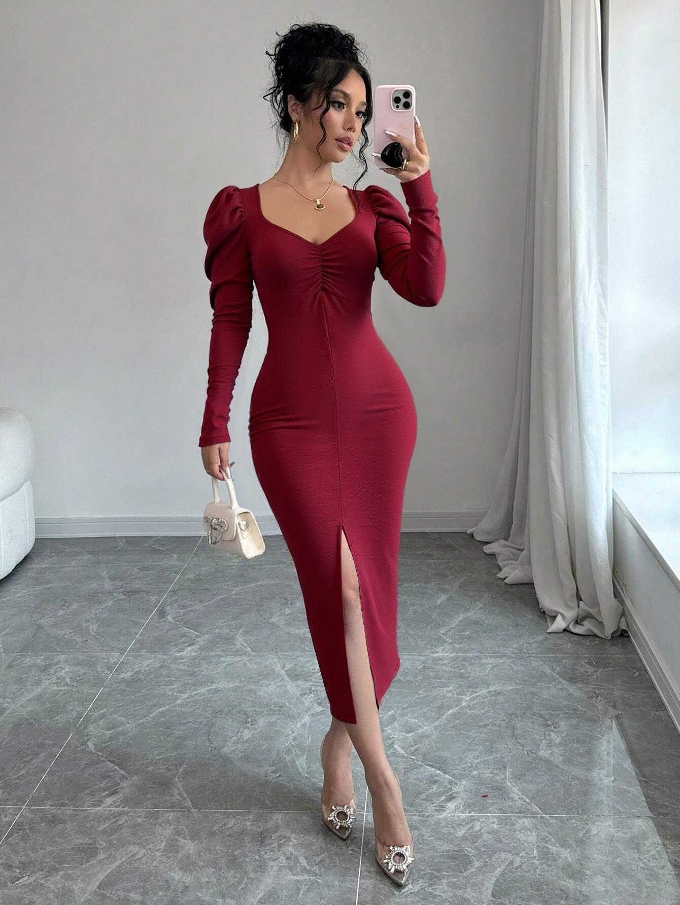 Elegant Wine Red Puff Sleeve Slit Midi Dress Vintage Square Neck Slim Fit Bodycon Party Evening Dress For Women Milk Silk Fabric Elegant Wine Red Puff Sleeve Slit Midi Dress Vintage Square Neck Slim Fit Bodycon Party Evening Dress For Women Milk Silk Fabric