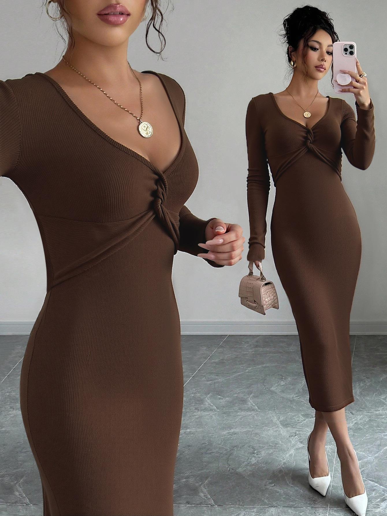 Women's Elegant Brown Ribbed Knit Midi Dress V-Neck Twist Front Long Sleeve Slim Fit Bodycon Pencil Dress for Autumn Spring Casual Office Work Daily Wear Women's Elegant Brown Ribbed Knit Midi Dress V-Neck Twist Front Long Sleeve Slim Fit Bodycon Pencil Dress for Autumn Spring Casual Office Work Daily Wear