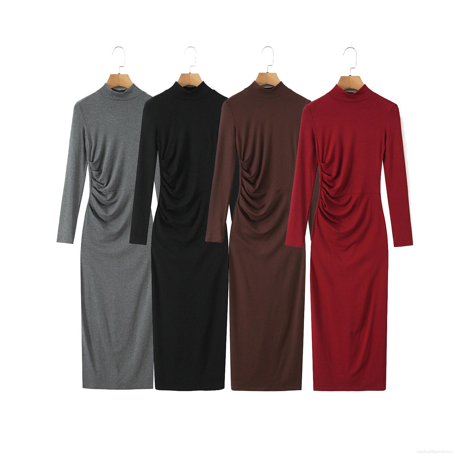 Women's Mock Neck Side Ruched Long Sleeve Bodycon Dress Slim Fit Ribbed Knit Midi Dress Rayon Spandex Fall Fashion For Casual Party Streetwear Women's Mock Neck Side Ruched Long Sleeve Bodycon Dress Slim Fit Ribbed Knit Midi Dress Rayon Spandex Fall Fashion For Casual Party Streetwear