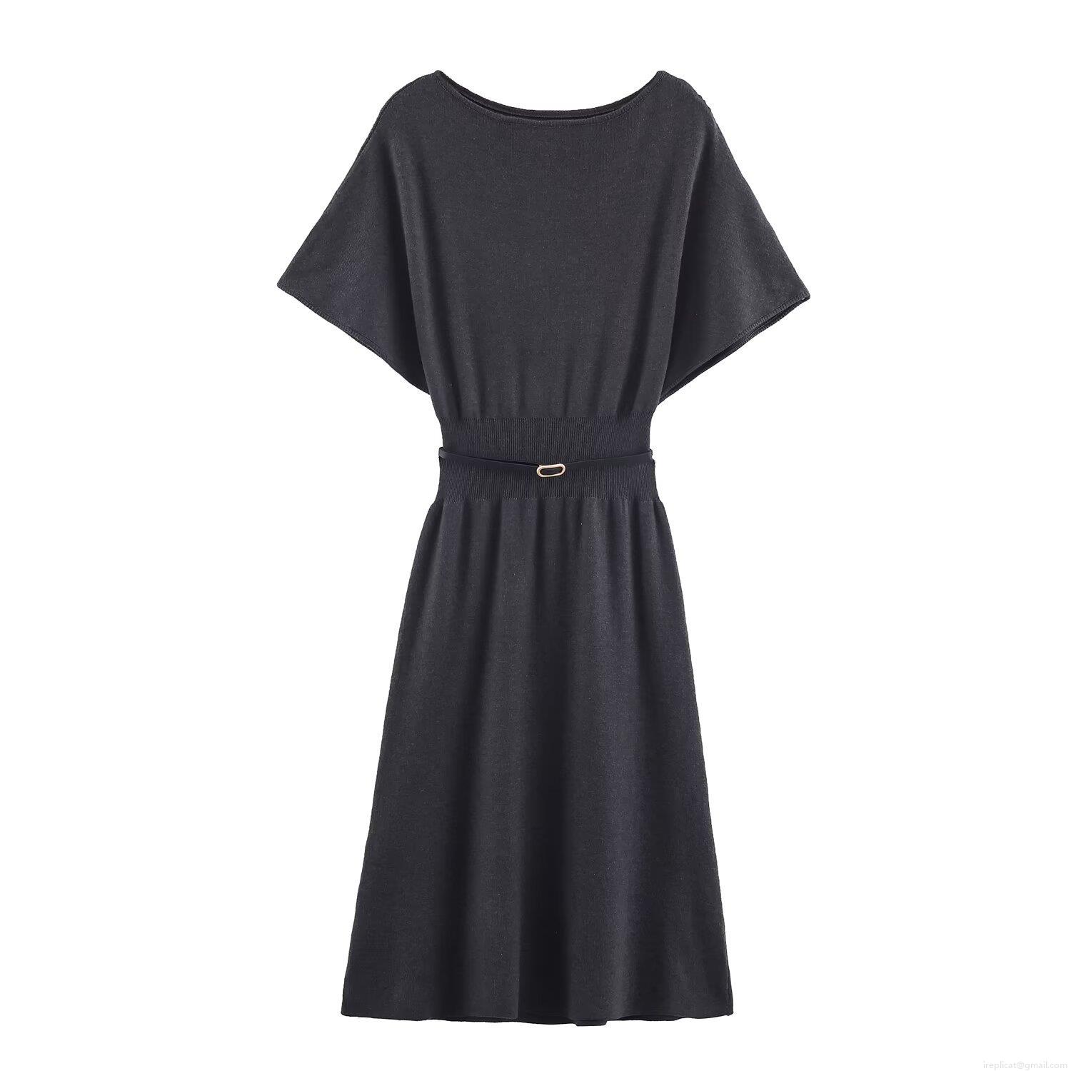 Women's 2025 Autumn Western Style Knitted Midi Dress With Belt Round Neck Short Sleeve Solid Color Polyester Casual Streetwear Knitted Dress Women's 2025 Autumn Western Style Knitted Midi Dress With Belt Round Neck Short Sleeve Solid Color Polyester Casual Streetwear Knitted Dress