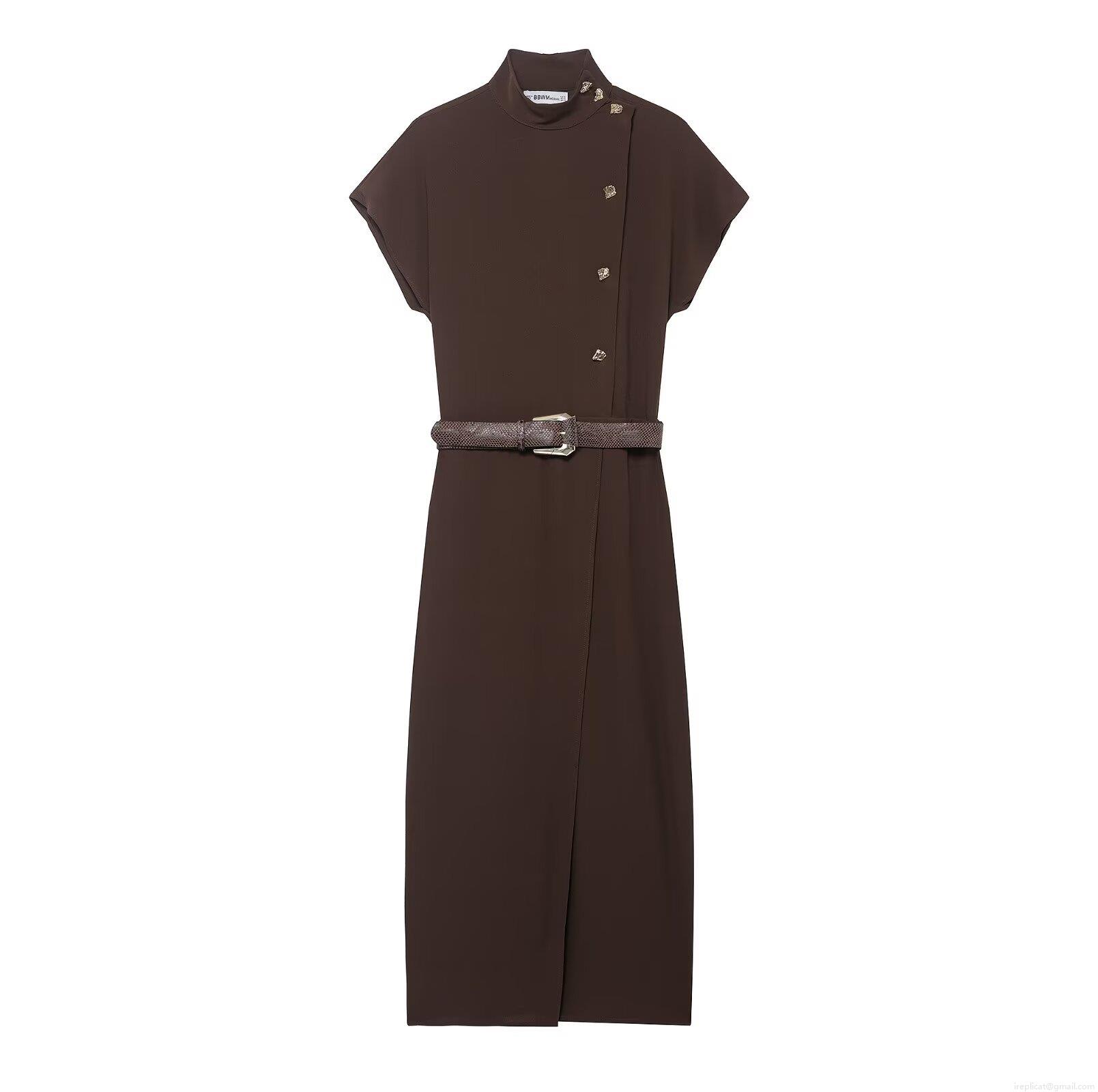 Women's Elegant Short Sleeve Half High Neck Polyester Midi Dress With Belt Asymmetric Gold Buttons Slit Autumn Street Style Dress Women's Elegant Short Sleeve Half High Neck Polyester Midi Dress With Belt Asymmetric Gold Buttons Slit Autumn Street Style Dress