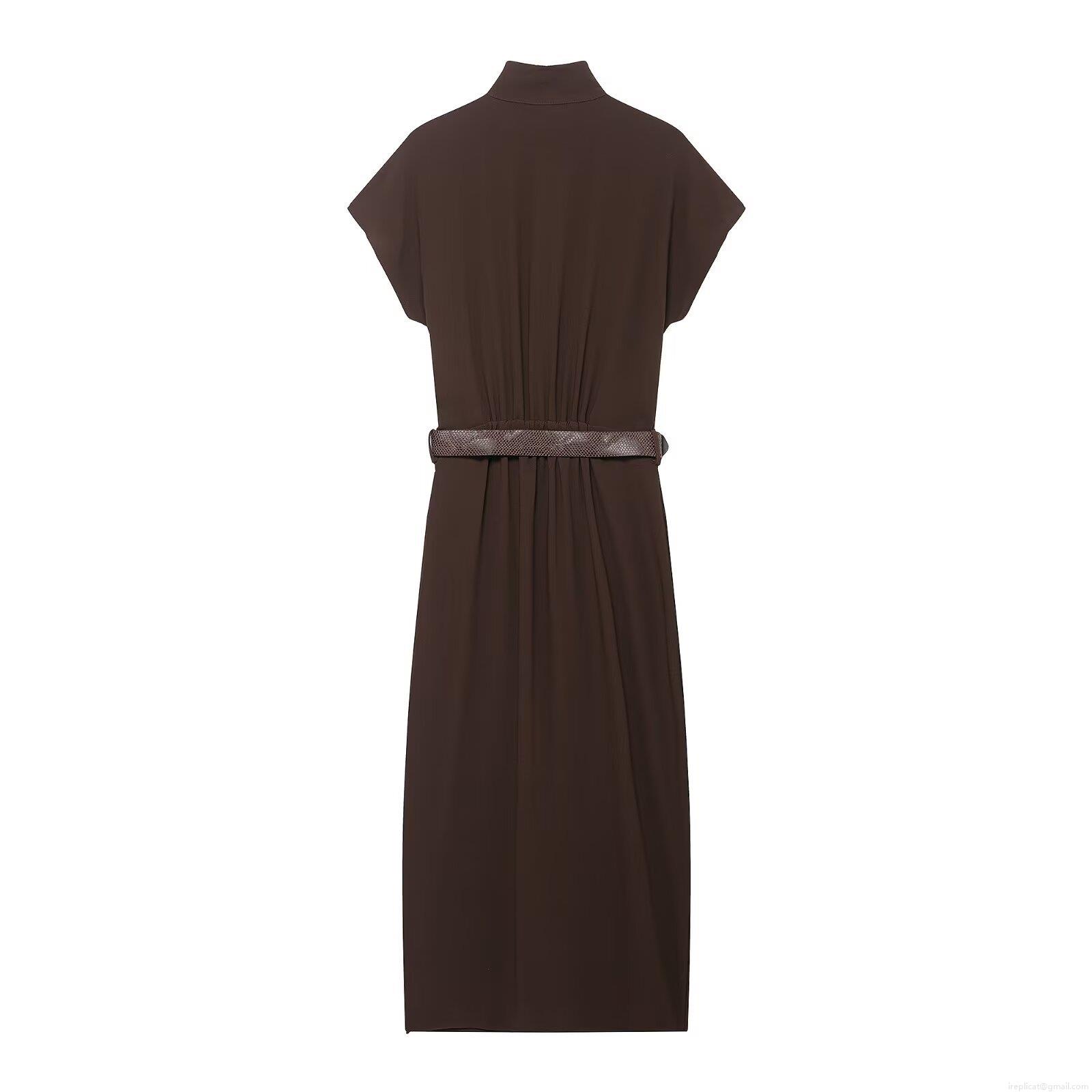 Women\'s Elegant Short Sleeve Half High Neck Polyester Midi Dress With Belt Asymmetric Gold Buttons Slit Autumn Street Style Dress