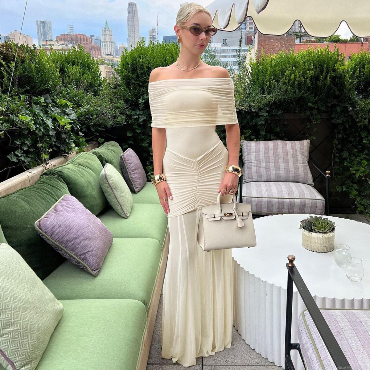 Women's Sexy Off-Shoulder Pleated Mesh Patchwork Midi Dress Elegant Bodycon See-Through Party Evening Gown with 95% Polyester 5% Spandex Fabric Women's Sexy Off-Shoulder Pleated Mesh Patchwork Midi Dress Elegant Bodycon See-Through Party Evening Gown with 95% Polyester 5% Spandex Fabric