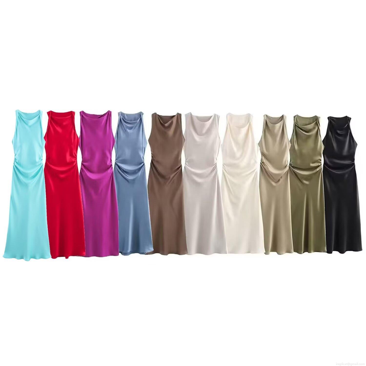Women Elegant Satin Cowl Neck Sleeveless Midi Dress Ruched Side Slim Fit Backless Cocktail Party Evening Dress Women Clothing Women Elegant Satin Cowl Neck Sleeveless Midi Dress Ruched Side Slim Fit Backless Cocktail Party Evening Dress Women Clothing