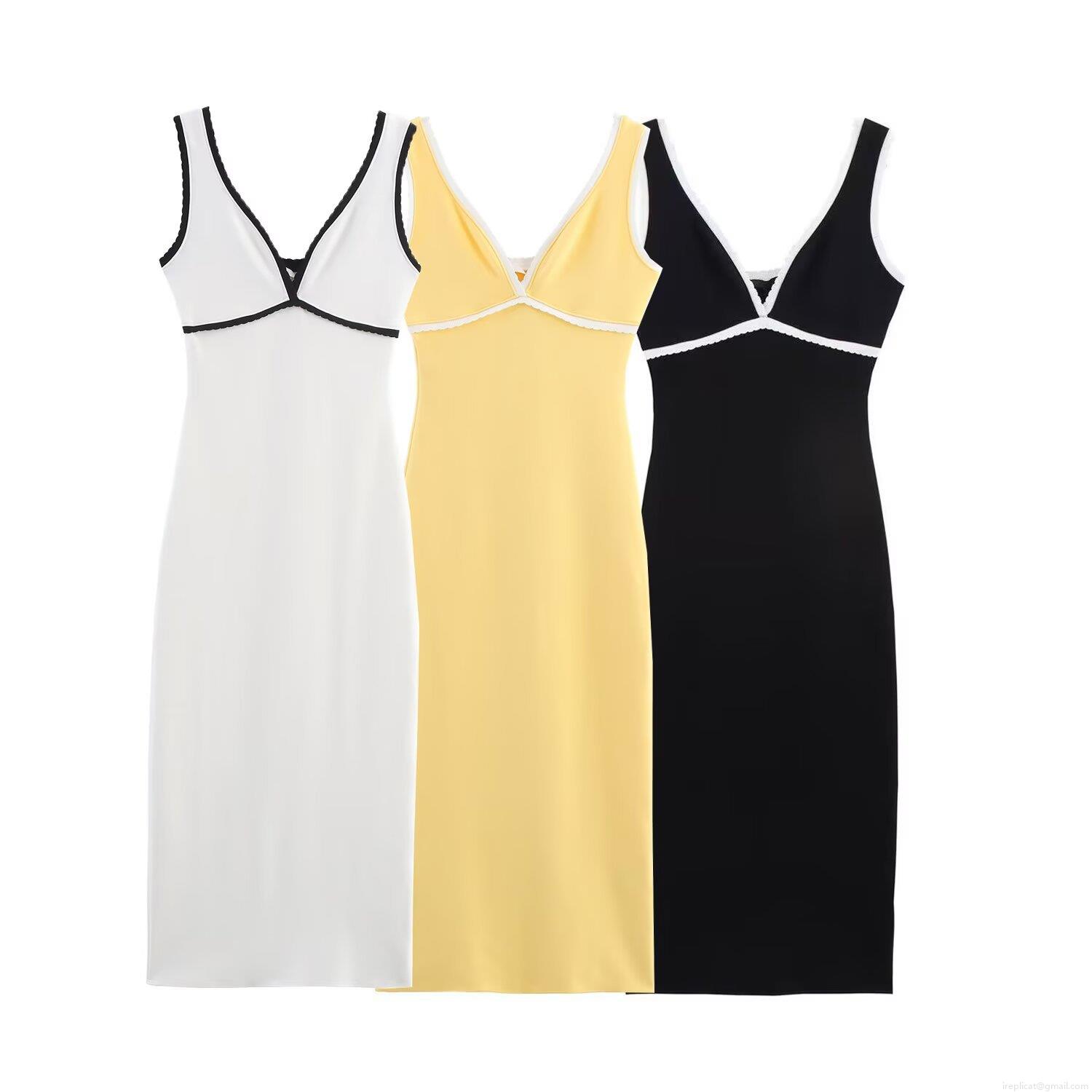 Women Sleeveless V Neck Backless Midi Dress Polyester Knit Contrast Trim Bodycon A-Line Sundress For Party Streetwear Casual Wear High Stretch Outfits Women Sleeveless V Neck Backless Midi Dress Polyester Knit Contrast Trim Bodycon A-Line Sundress For Party Streetwear Casual Wear High Stretch Outfits