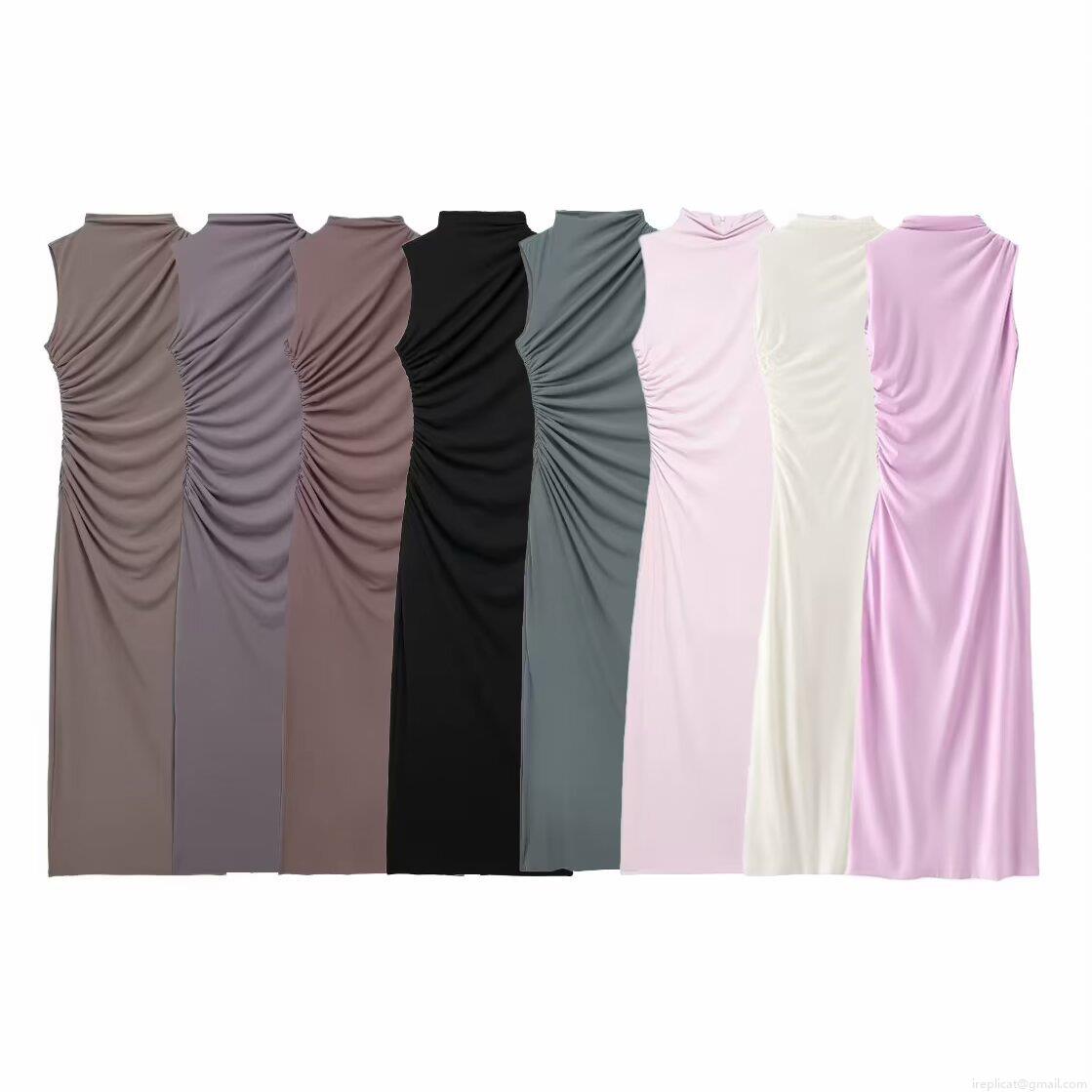 Women's Elegant Ruched Midi Dress Stand Collar Sleeveless Slim Fit Bodycon Evening Party Cocktail Sexy Solid Color Polyester Long Dress For Lady Women's Elegant Ruched Midi Dress Stand Collar Sleeveless Slim Fit Bodycon Evening Party Cocktail Sexy Solid Color Polyester Long Dress For Lady
