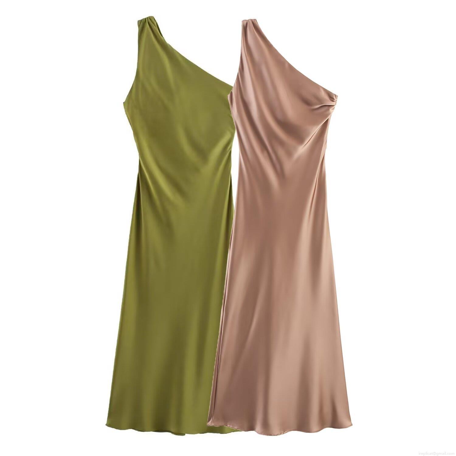 Women's One Shoulder Asymmetrical Satin Dress Elegant Pleated Sleeveless Midi Bodycon Party Dress Sexy Backless Evening Gown For Ladies Women's One Shoulder Asymmetrical Satin Dress Elegant Pleated Sleeveless Midi Bodycon Party Dress Sexy Backless Evening Gown For Ladies