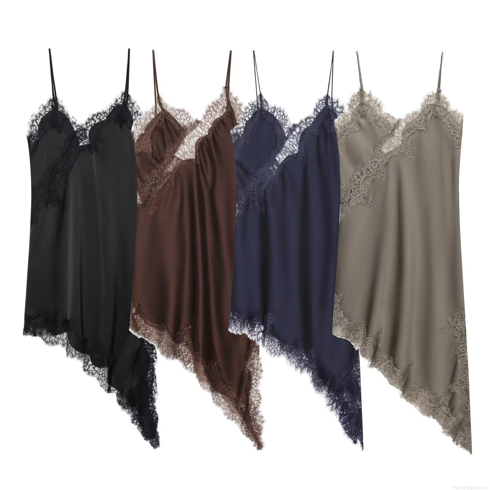 Women Satin Lace Patchwork Cami Dress Sexy V Neck Sleeveless Irregular Hem Midi Sling Dress Solid Color Streetwear Party Club Dress Women Satin Lace Patchwork Cami Dress Sexy V Neck Sleeveless Irregular Hem Midi Sling Dress Solid Color Streetwear Party Club Dress