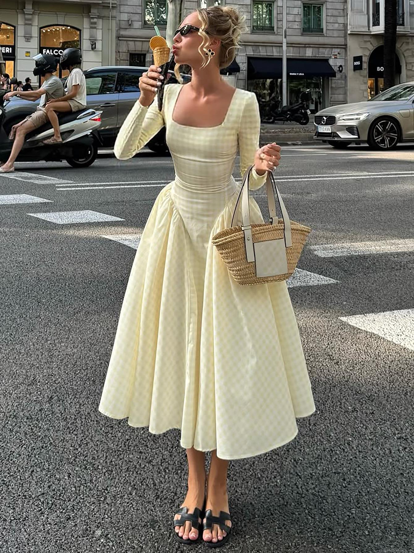 French Retro Gingham Long Sleeve Midi Dress Square Neck High Waist A-Line Flare Hem Elegant 100% Polyester Summer Autumn Casual Vacation Dress For Women French Retro Gingham Long Sleeve Midi Dress Square Neck High Waist A-Line Flare Hem Elegant 100% Polyester Summer Autumn Casual Vacation Dress For Women