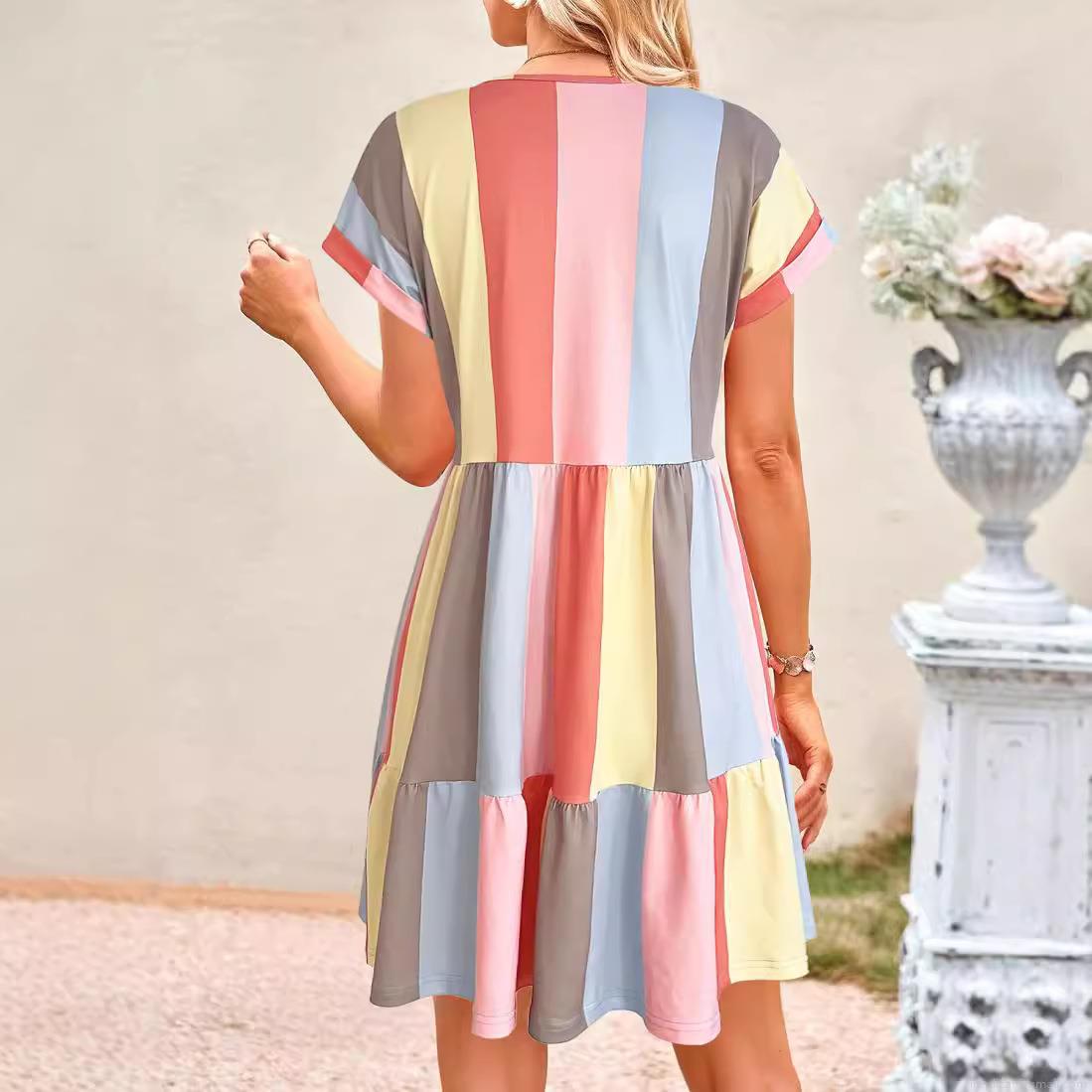 Women Summer V Neck Short Sleeve Midi Dress Fashion Casual Multi Color Striped Print A-Line Dress With Ruffle Hem Comfortable Loose Lady Beach Sundress