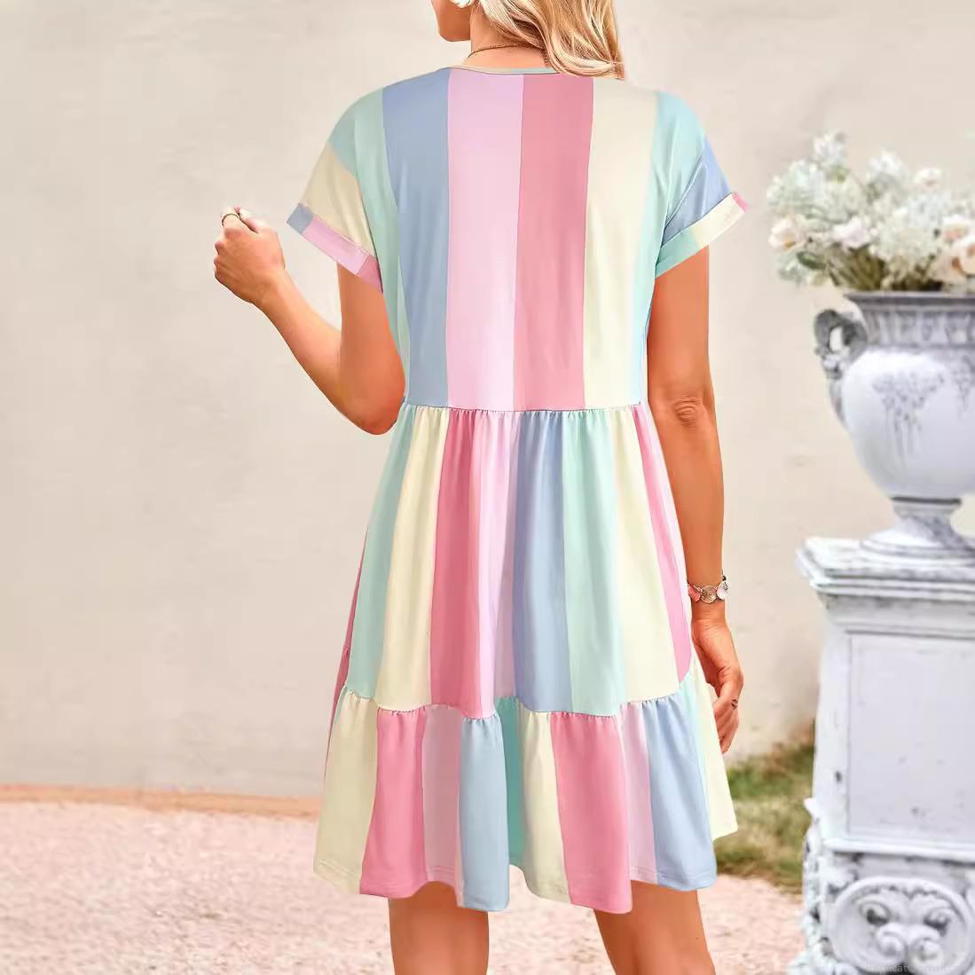 Women Summer V Neck Short Sleeve Midi Dress Fashion Casual Multi Color Striped Print A-Line Dress With Ruffle Hem Comfortable Loose Lady Beach Sundress