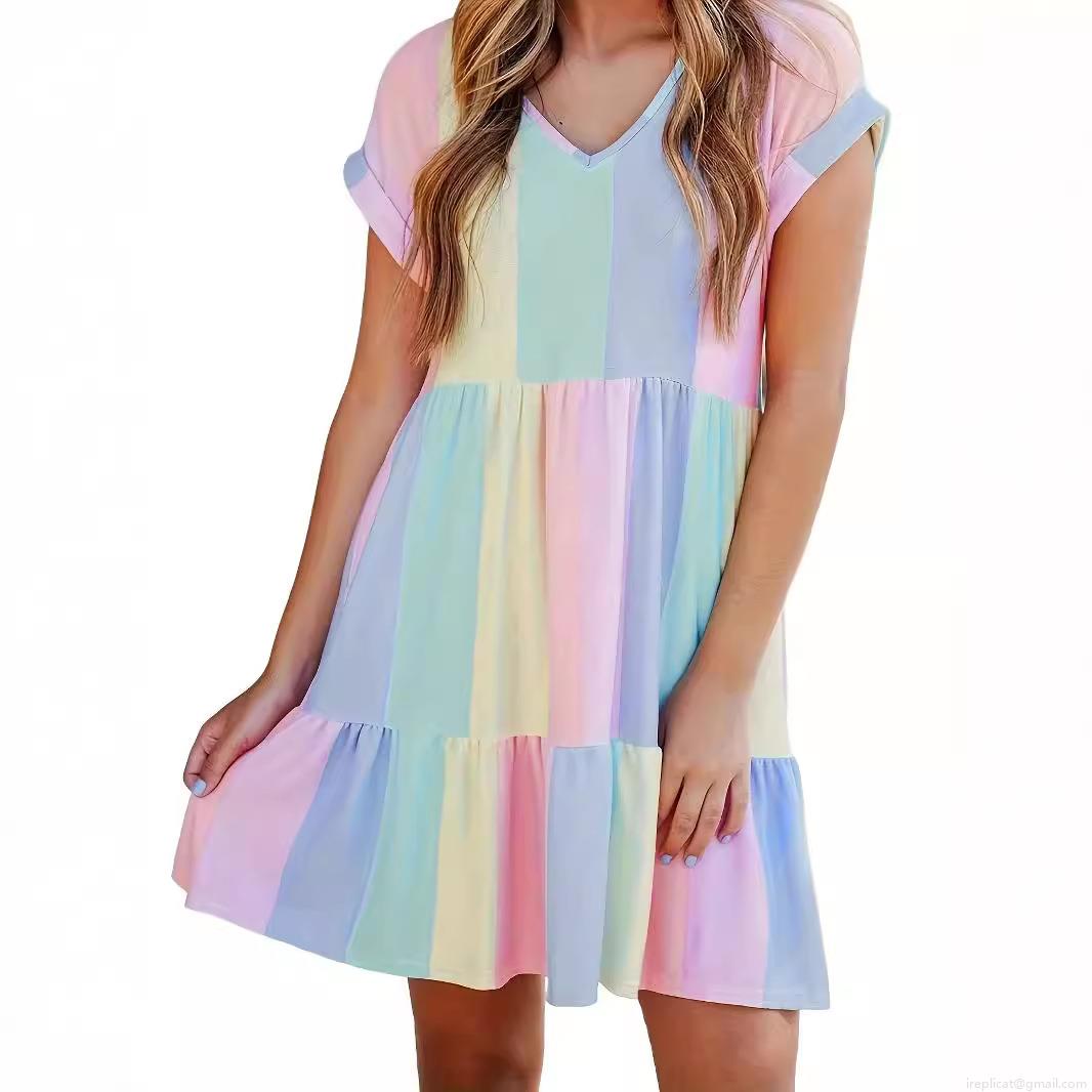 Women Summer V Neck Short Sleeve Midi Dress Fashion Casual Multi Color Striped Print A-Line Dress With Ruffle Hem Comfortable Loose Lady Beach Sundress