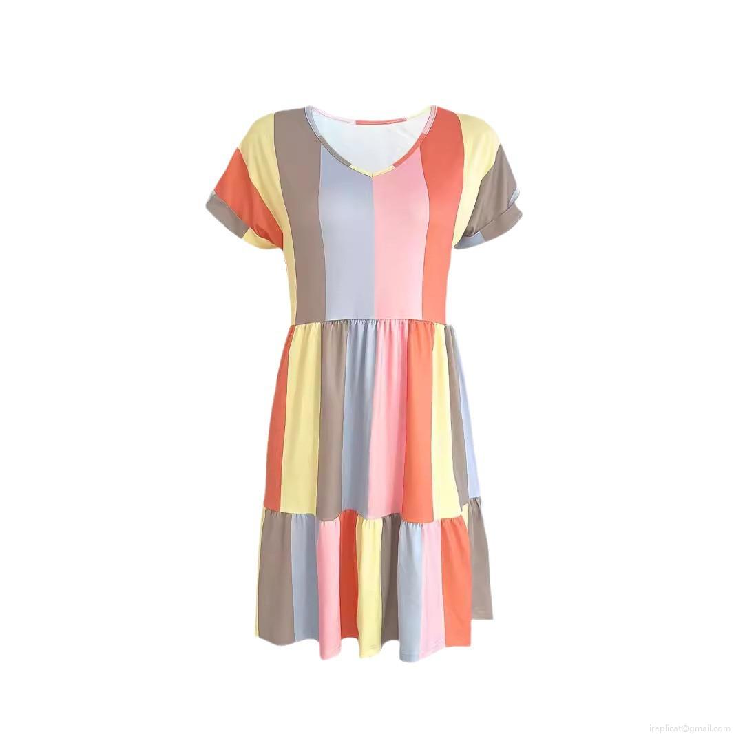 Women Summer V Neck Short Sleeve Midi Dress Fashion Casual Multi Color Striped Print A-Line Dress With Ruffle Hem Comfortable Loose Lady Beach Sundress