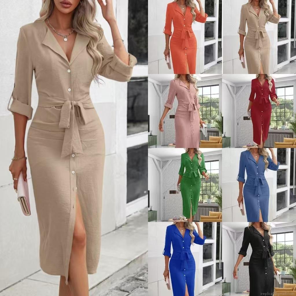 Women Solid Color Lapel Shirt Dress Elegant Waist Tie Long Sleeve Slit Midi Dress Autumn Casual Office Dress for Women Women Solid Color Lapel Shirt Dress Elegant Waist Tie Long Sleeve Slit Midi Dress Autumn Casual Office Dress for Women