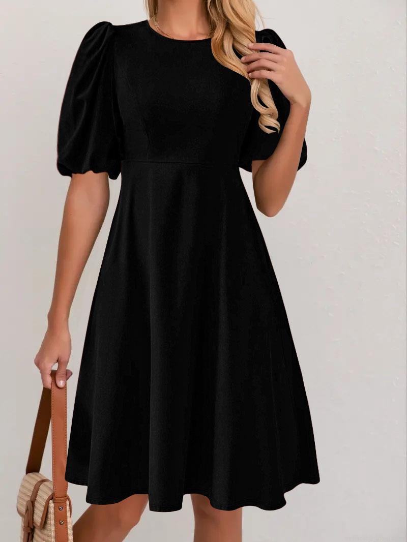Women's Elegant Puff Short Sleeve Midi Dress Solid Color Round Neck A-Line Slim Fit Casual Polyester Spandex Dress For Daily Party Lady Women's Elegant Puff Short Sleeve Midi Dress Solid Color Round Neck A-Line Slim Fit Casual Polyester Spandex Dress For Daily Party Lady