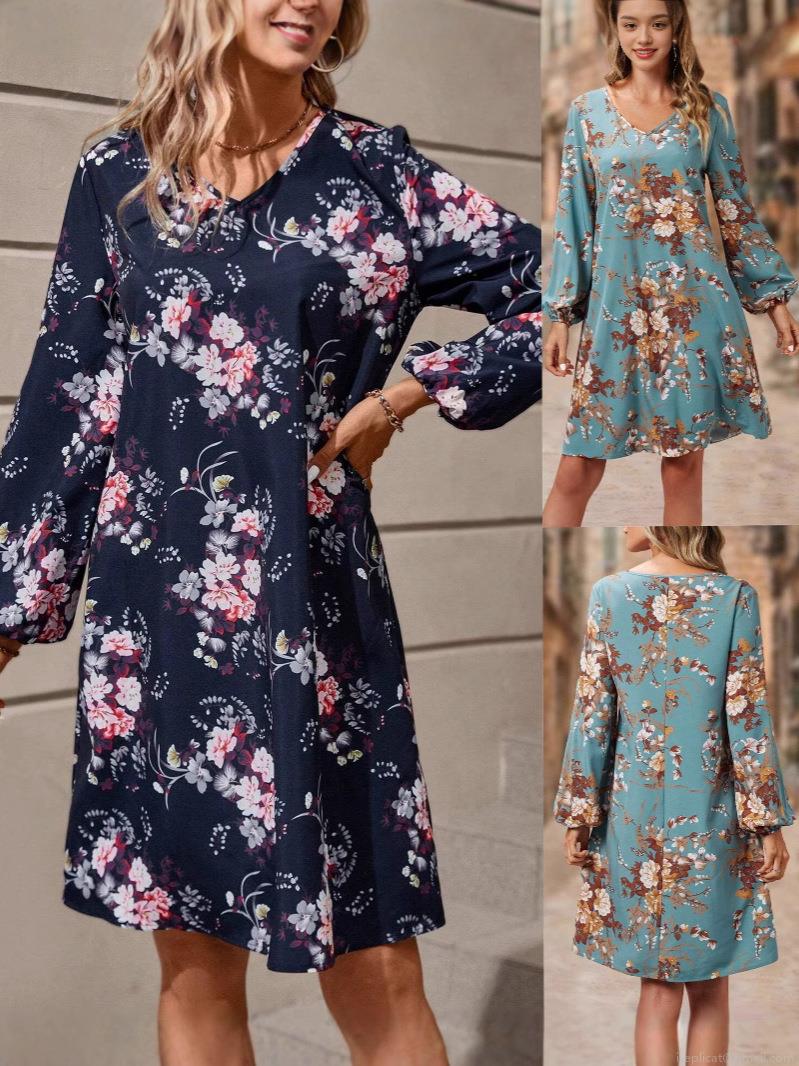 Women's Retro Floral Print Midi Dress Elegant V-Neck Lantern Long Sleeve A-Line Polyester Spandex Dress For Daily Vacation Party Women's Retro Floral Print Midi Dress Elegant V-Neck Lantern Long Sleeve A-Line Polyester Spandex Dress For Daily Vacation Party