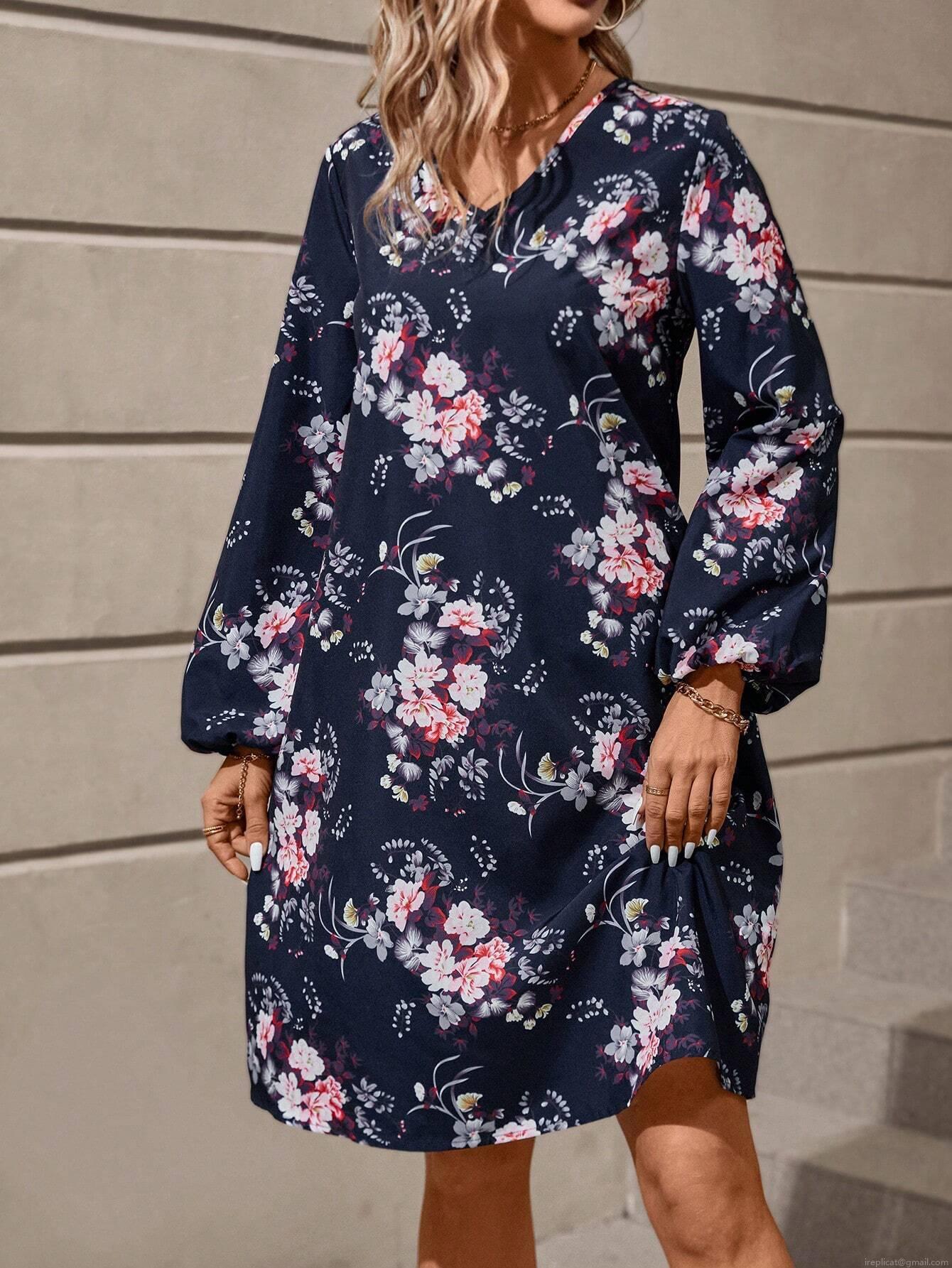 Women\'s Retro Floral Print Midi Dress Elegant V-Neck Lantern Long Sleeve A-Line Polyester Spandex Dress For Daily Vacation Party