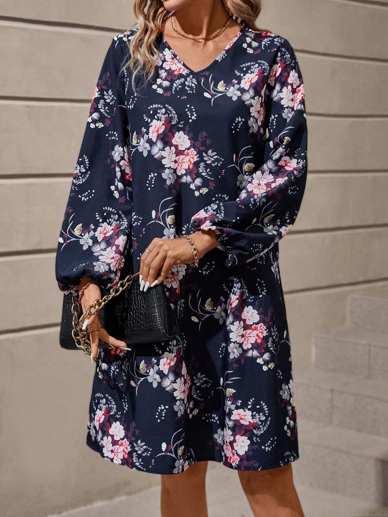 Women\'s Retro Floral Print Midi Dress Elegant V-Neck Lantern Long Sleeve A-Line Polyester Spandex Dress For Daily Vacation Party