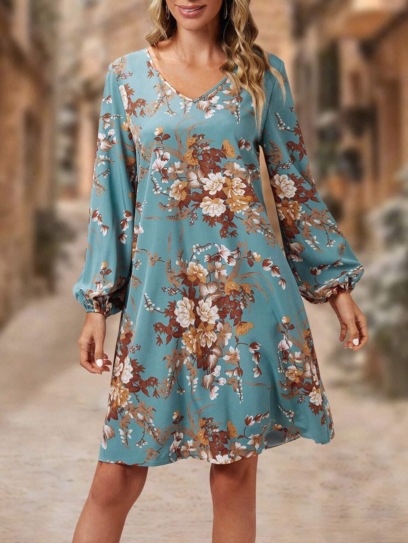 Women\'s Retro Floral Print Midi Dress Elegant V-Neck Lantern Long Sleeve A-Line Polyester Spandex Dress For Daily Vacation Party
