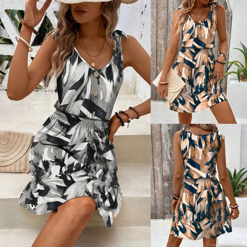 Women's Summer Bohemian Geometric Print Sleeveless Midi Dress V-Neck Tank Dress with Decorative Buttons and Tie Shoulder Bow Beach Vacation Dress Women's Summer Bohemian Geometric Print Sleeveless Midi Dress V-Neck Tank Dress with Decorative Buttons and Tie Shoulder Bow Beach Vacation Dress